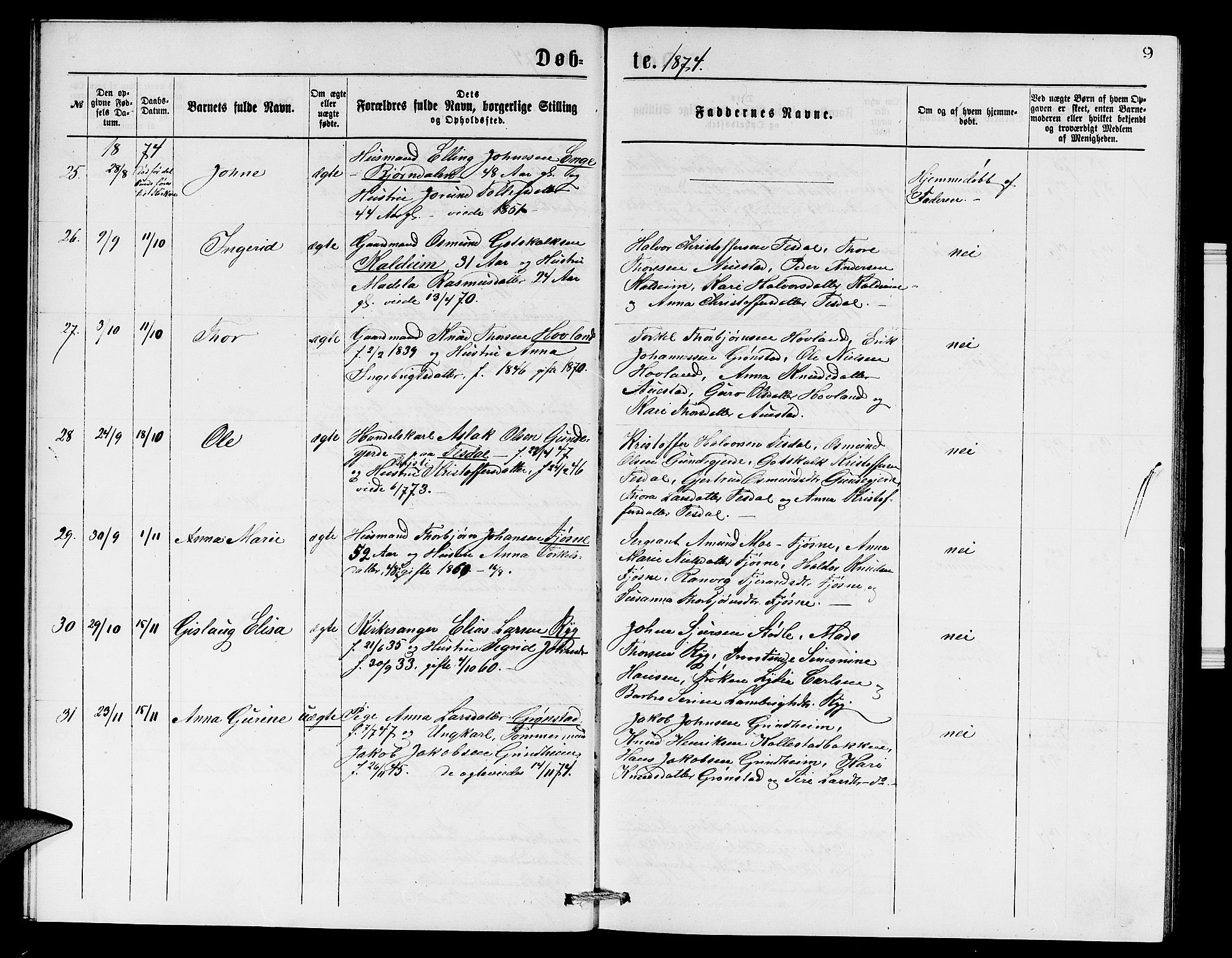 Etne sokneprestembete, SAB/A-75001/H/Hab: Parish register (copy) no. A 4, 1874-1878, p. 9