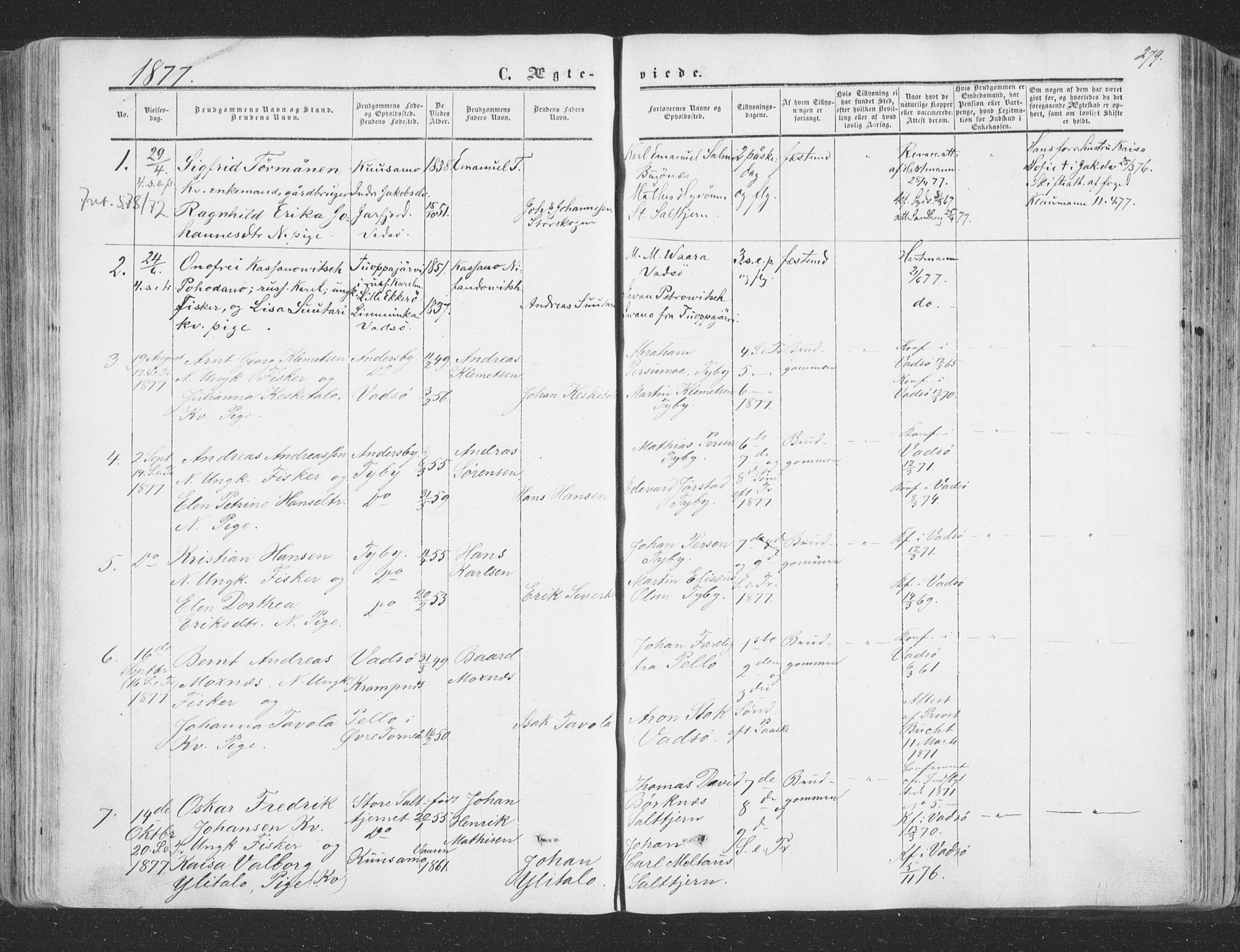Vadsø sokneprestkontor, SATØ/S-1325/H/Ha/L0004kirke: Parish register (official) no. 4, 1854-1880, p. 279