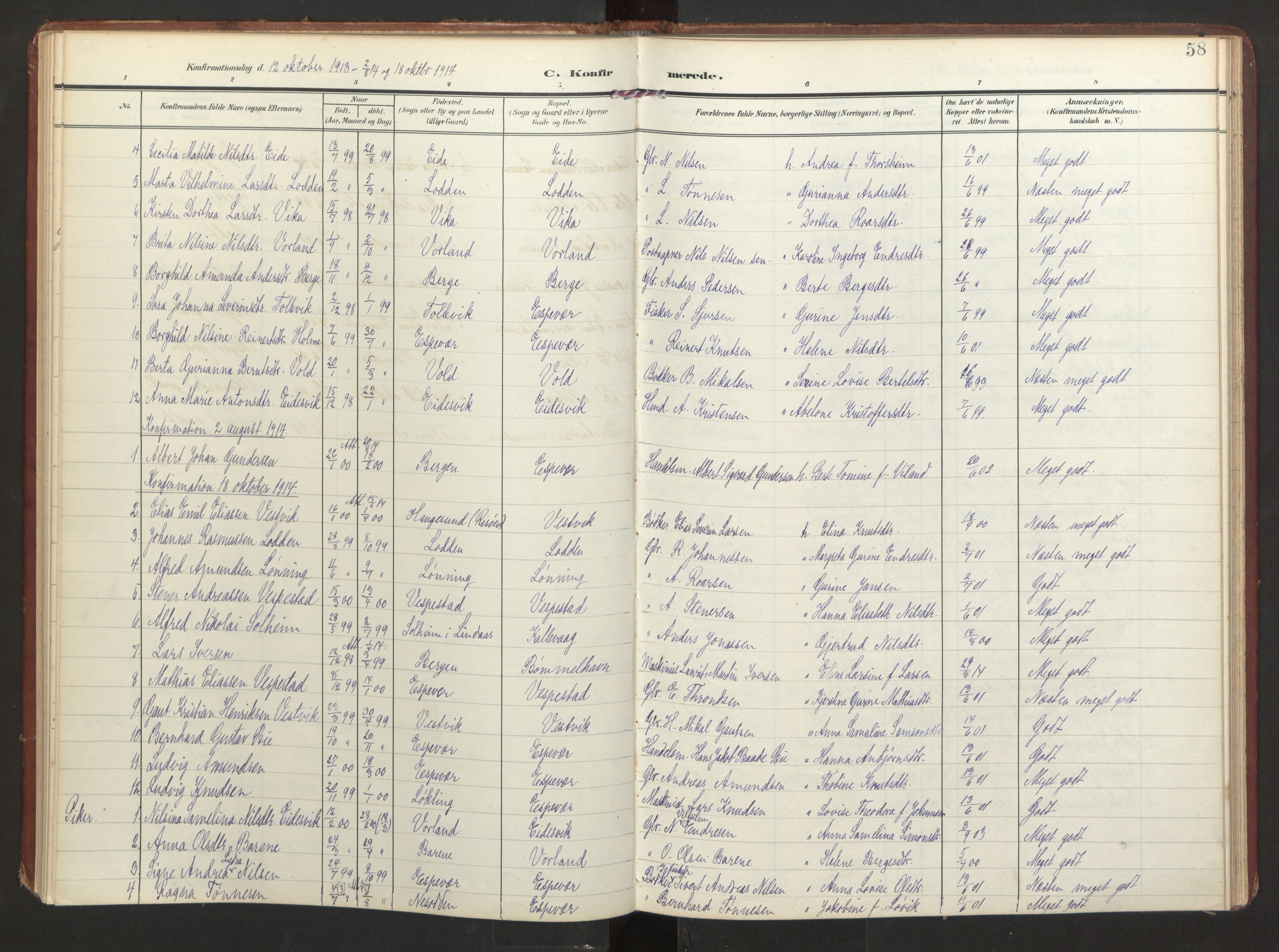 Finnås sokneprestembete, SAB/A-99925/H/Ha/Haa/Haad/L0003: Parish register (official) no. D 3, 1907-1921, p. 58