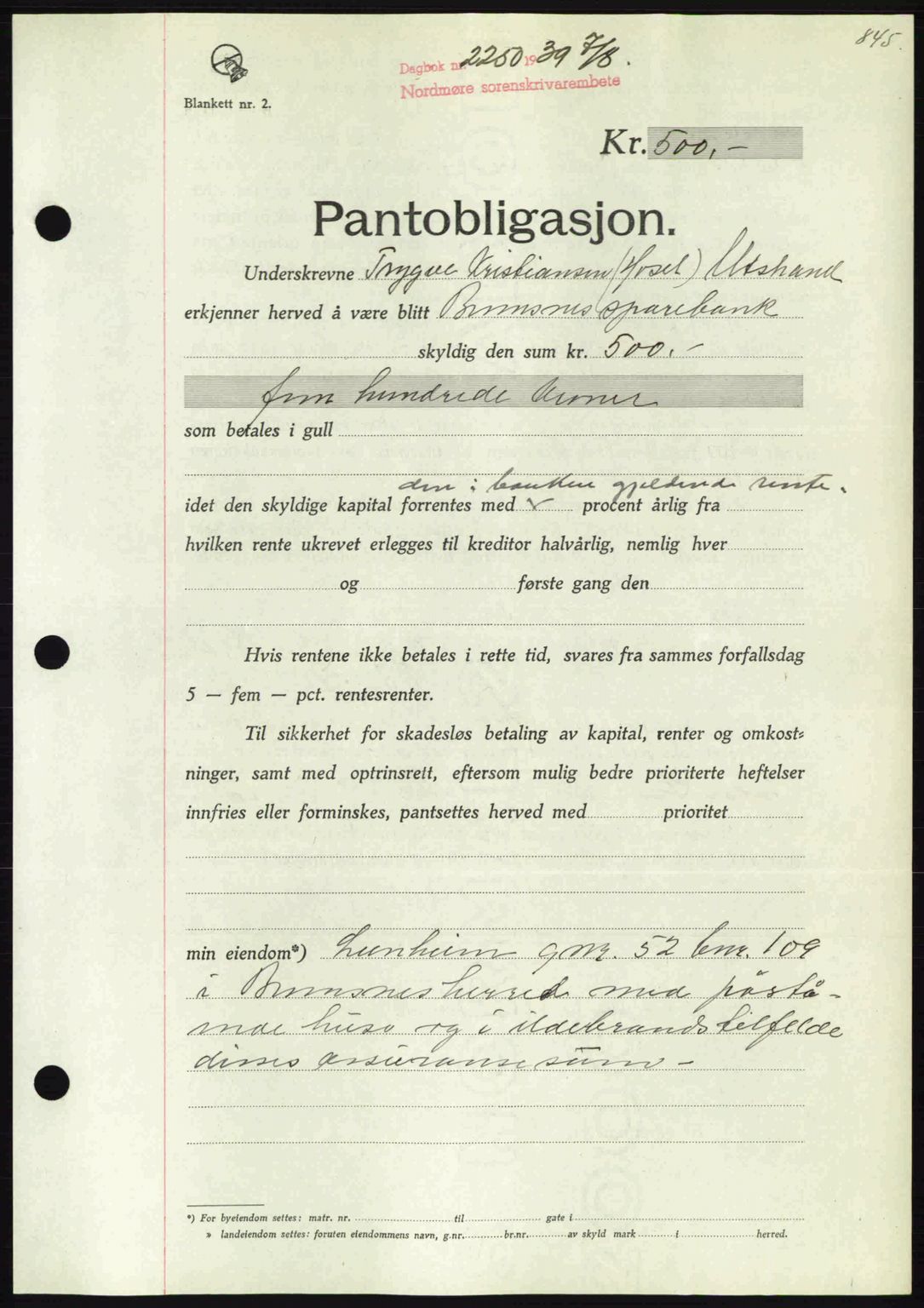 Nordmøre sorenskriveri, AV/SAT-A-4132/1/2/2Ca: Mortgage book no. B85, 1939-1939, Diary no: : 2250/1939