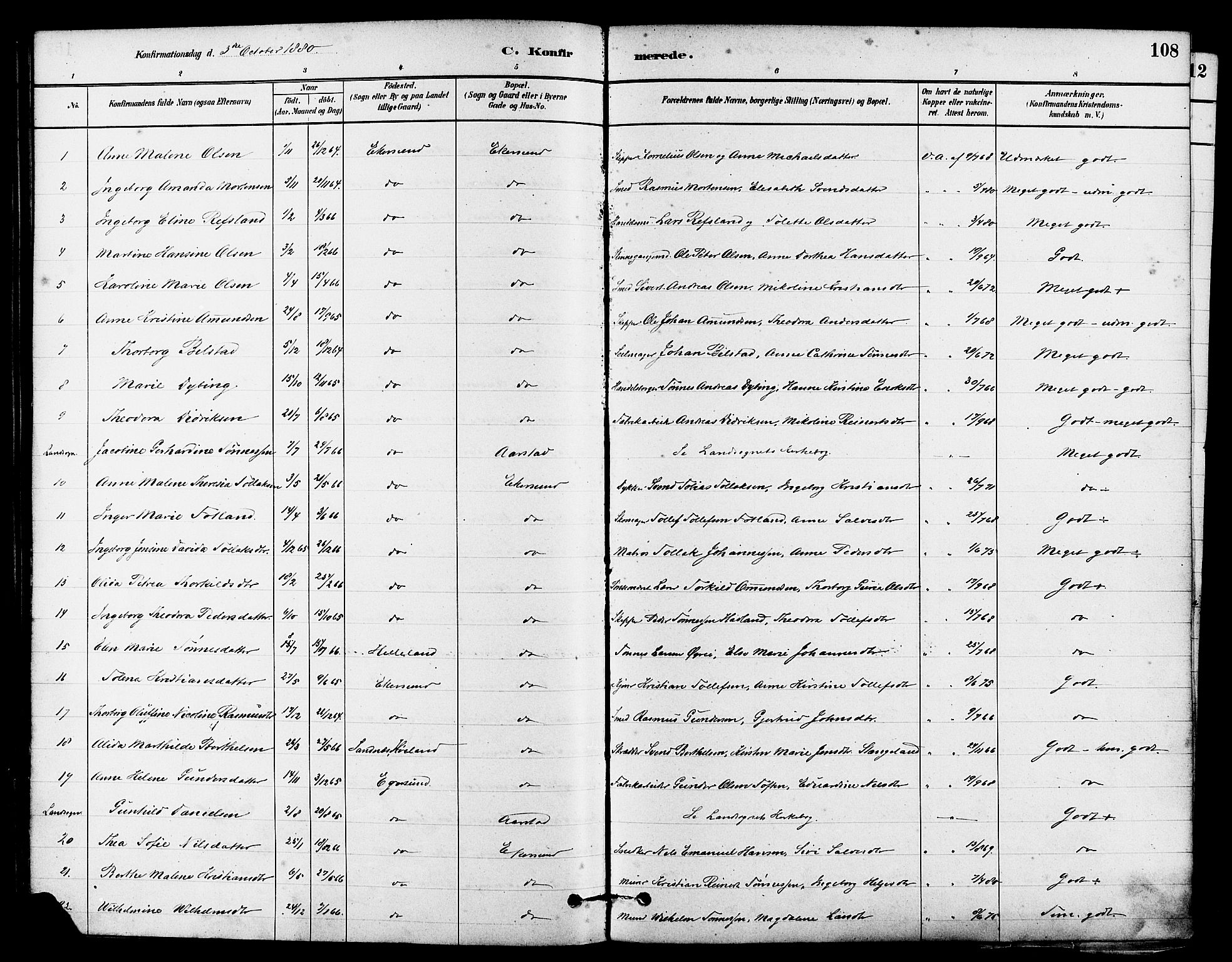 Eigersund sokneprestkontor, SAST/A-101807/S08/L0015: Parish register (official) no. A 15, 1879-1892, p. 108