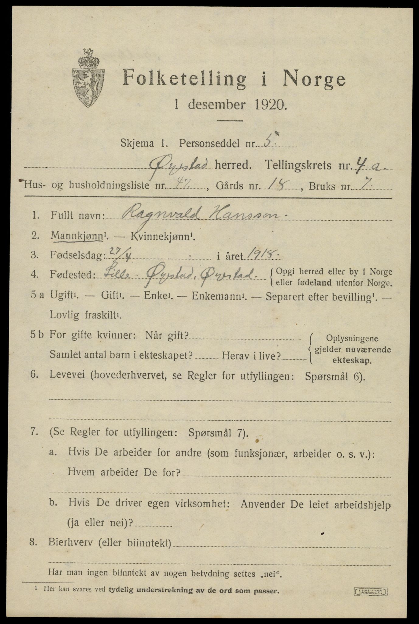 SAK, 1920 census for Øyestad, 1920, p. 3632