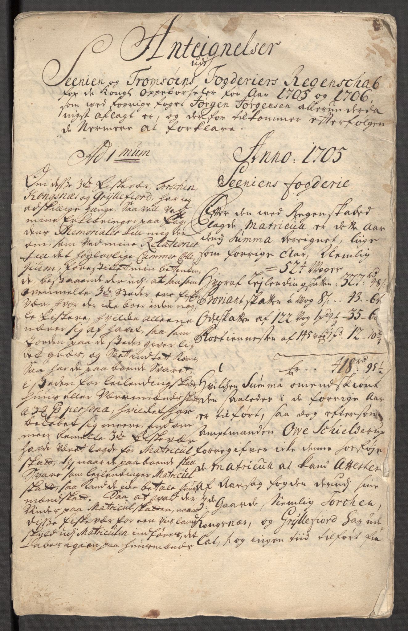 Rentekammeret inntil 1814, Reviderte regnskaper, Fogderegnskap, AV/RA-EA-4092/R68/L4756: Fogderegnskap Senja og Troms, 1705-1707, p. 154