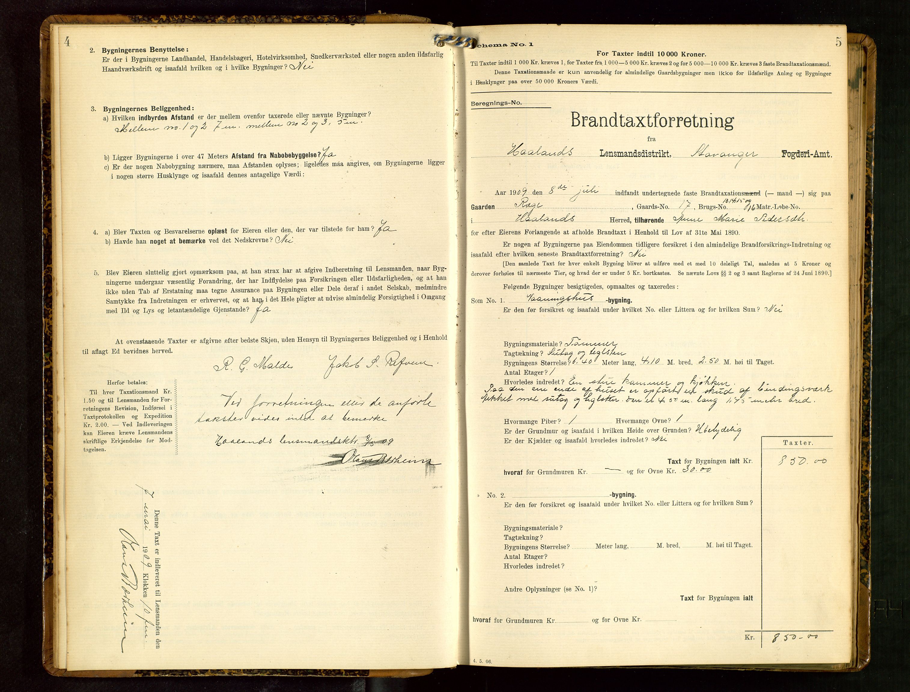 Håland lensmannskontor, SAST/A-100100/Gob/L0003: Branntakstprotokoll - skjematakst. Register i boken., 1909-1910, p. 4-5