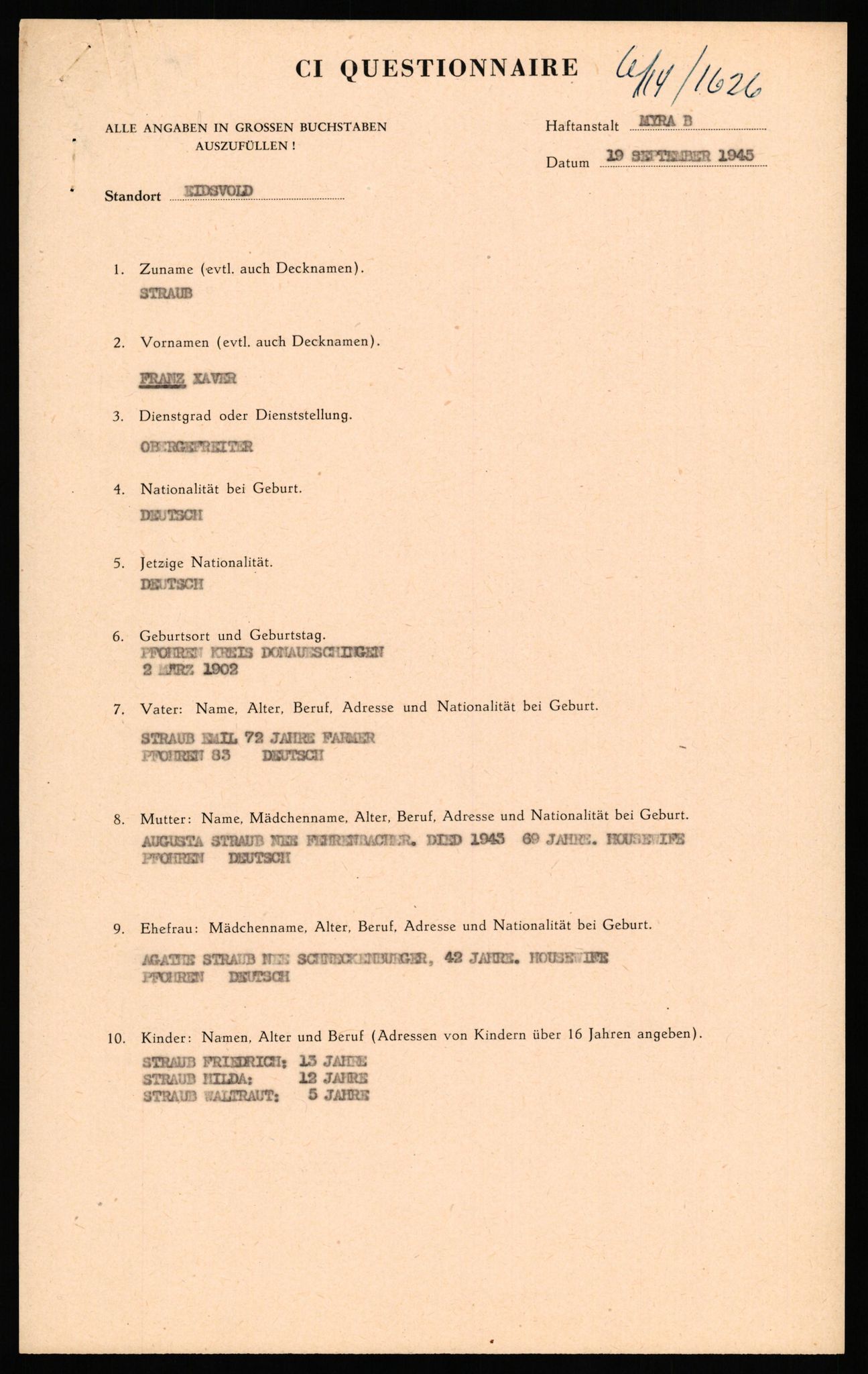 Forsvaret, Forsvarets overkommando II, RA/RAFA-3915/D/Db/L0033: CI Questionaires. Tyske okkupasjonsstyrker i Norge. Tyskere., 1945-1946, p. 196