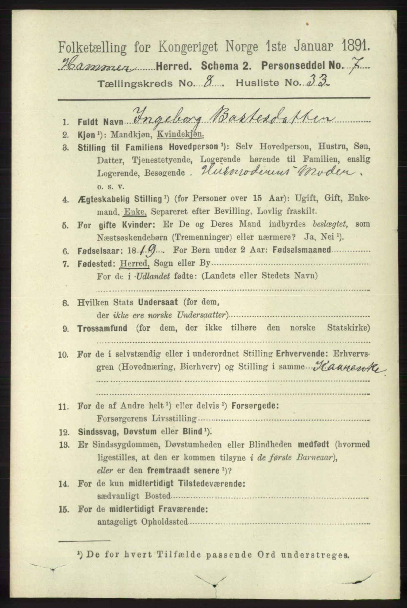 RA, 1891 census for 1254 Hamre, 1891, p. 2209