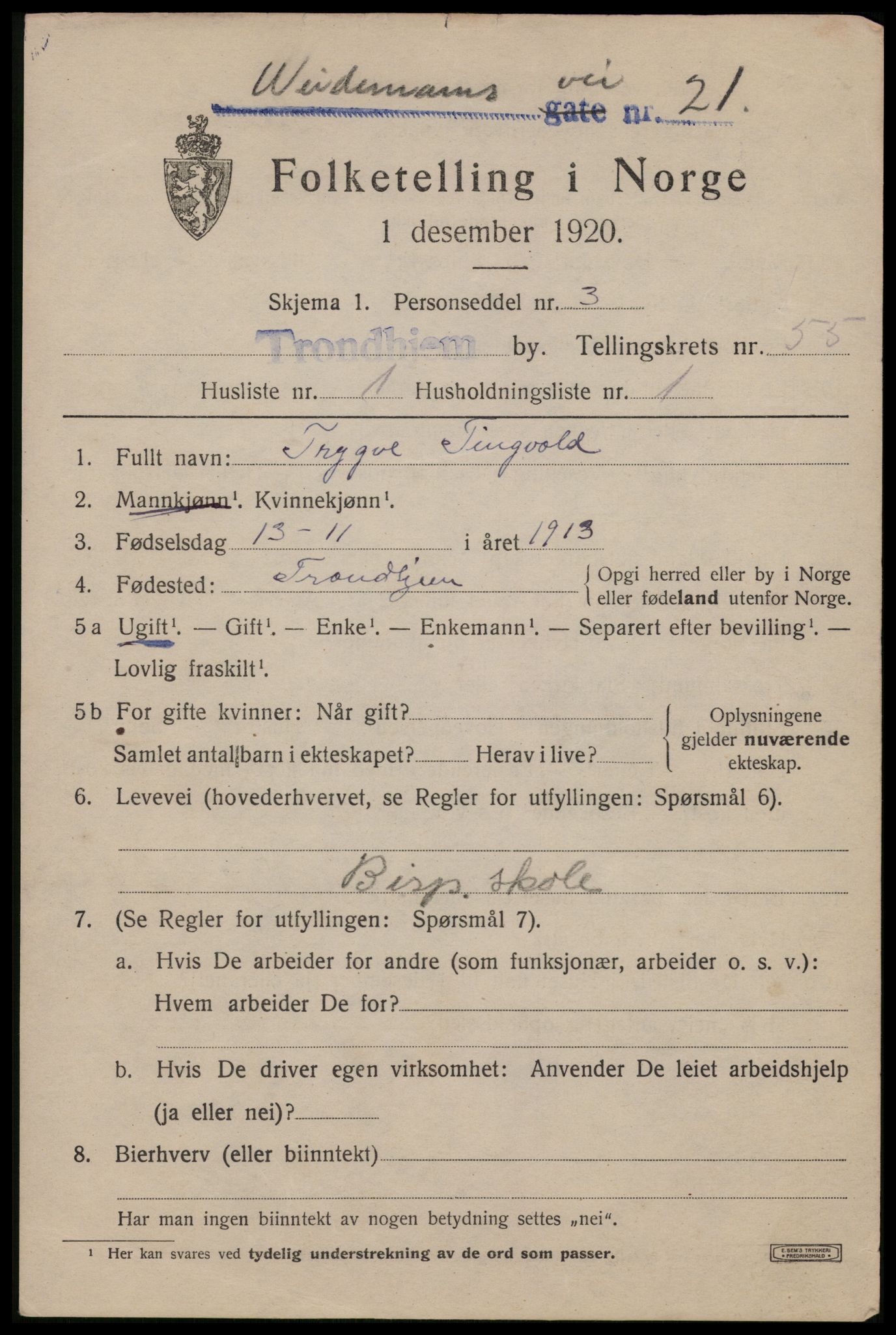 SAT, 1920 census for Trondheim, 1920, p. 111434