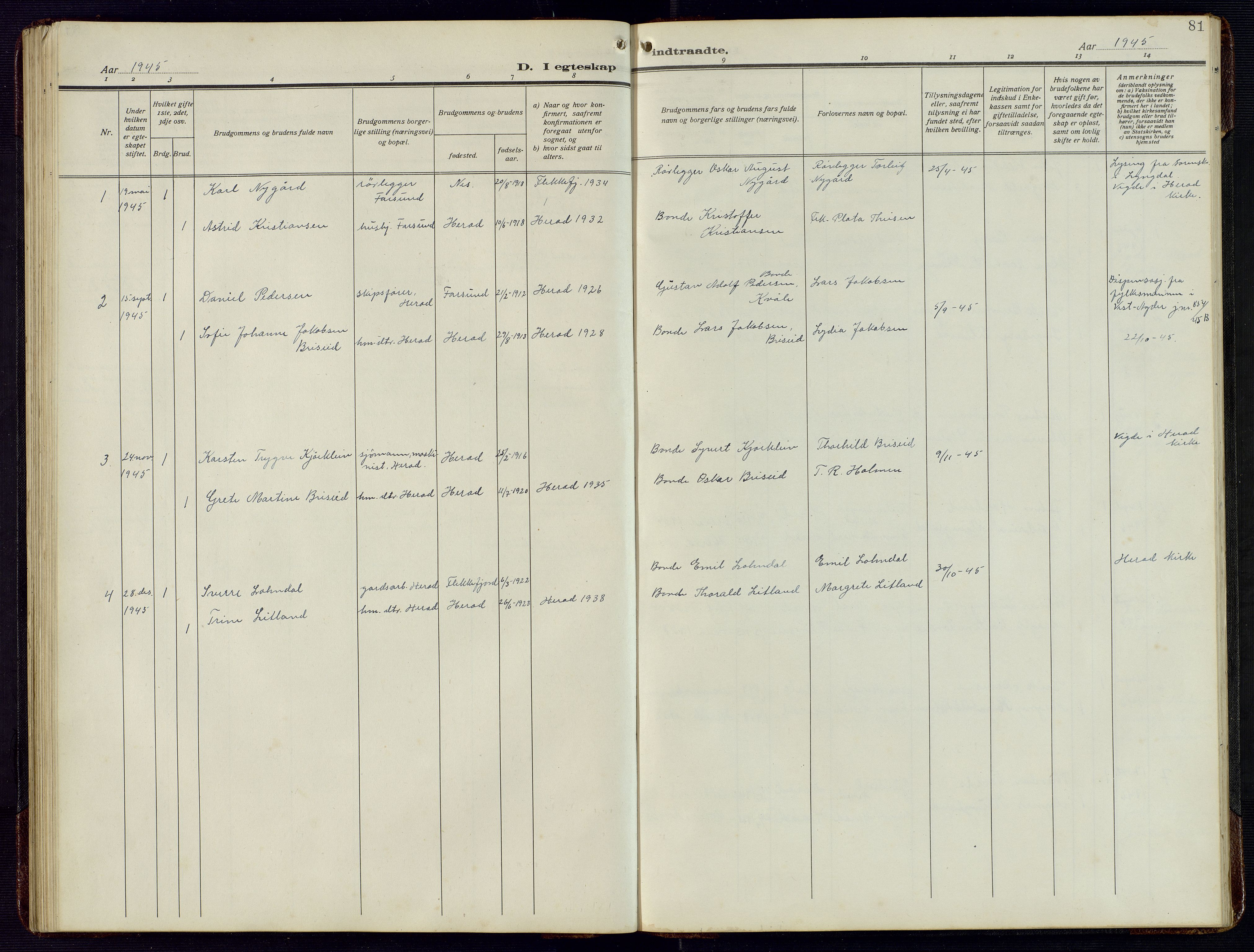 Herad sokneprestkontor, AV/SAK-1111-0018/F/Fb/Fba/L0006: Parish register (copy) no. B 6, 1921-1959, p. 81