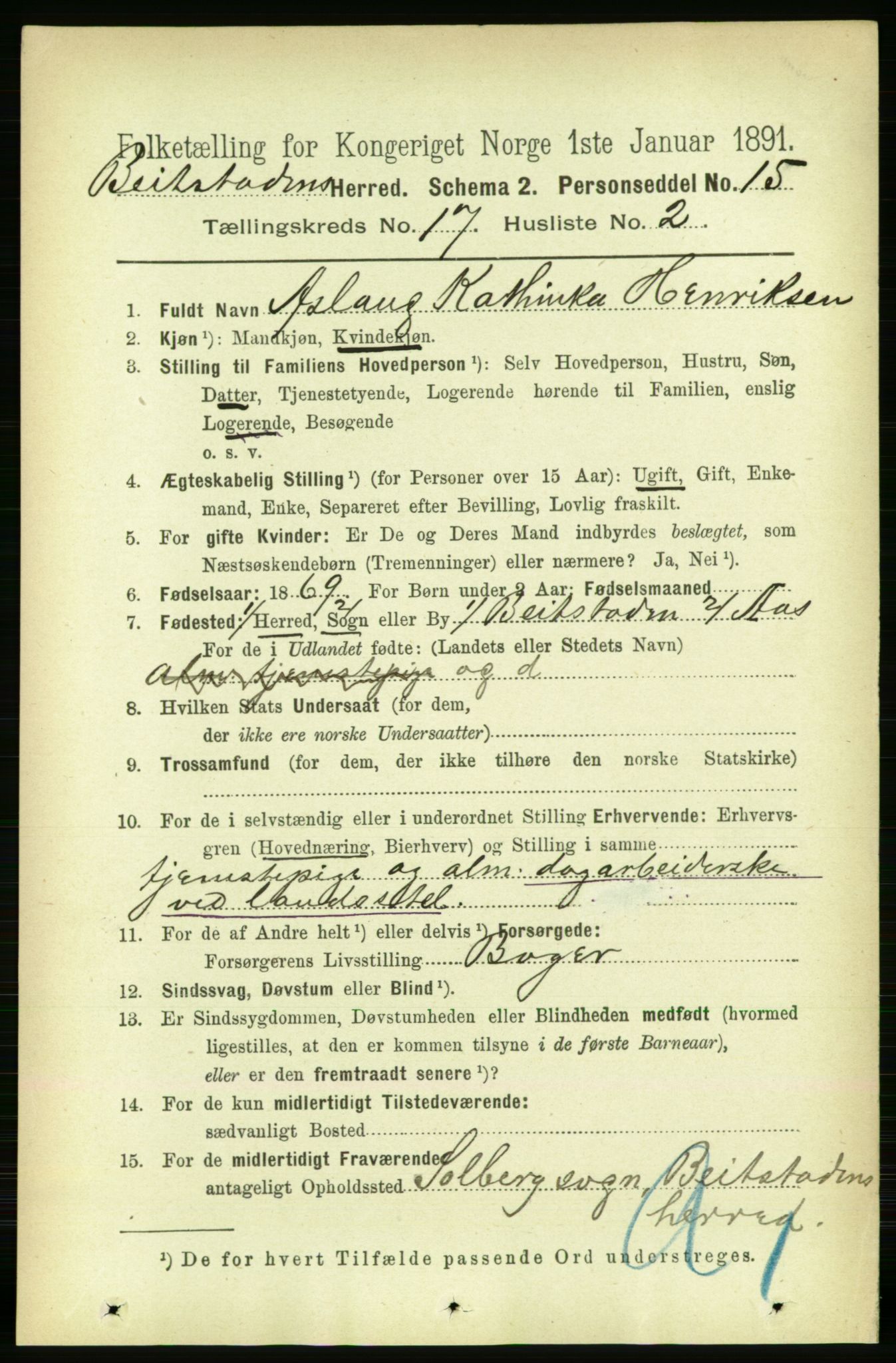 RA, 1891 census for 1727 Beitstad, 1891, p. 4381