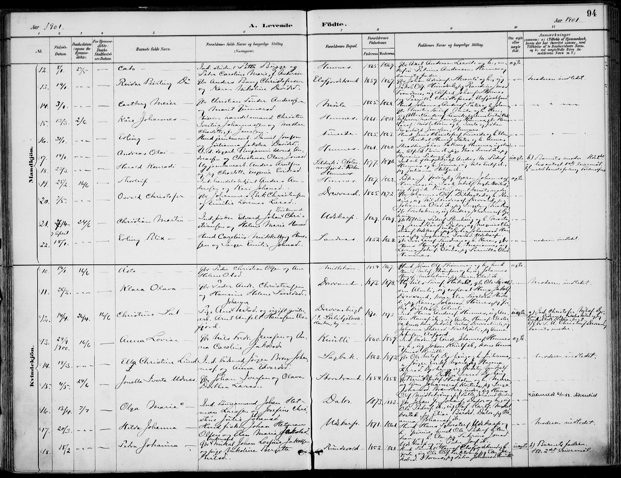 Ministerialprotokoller, klokkerbøker og fødselsregistre - Nordland, SAT/A-1459/825/L0362: Parish register (official) no. 825A16, 1886-1908, p. 94
