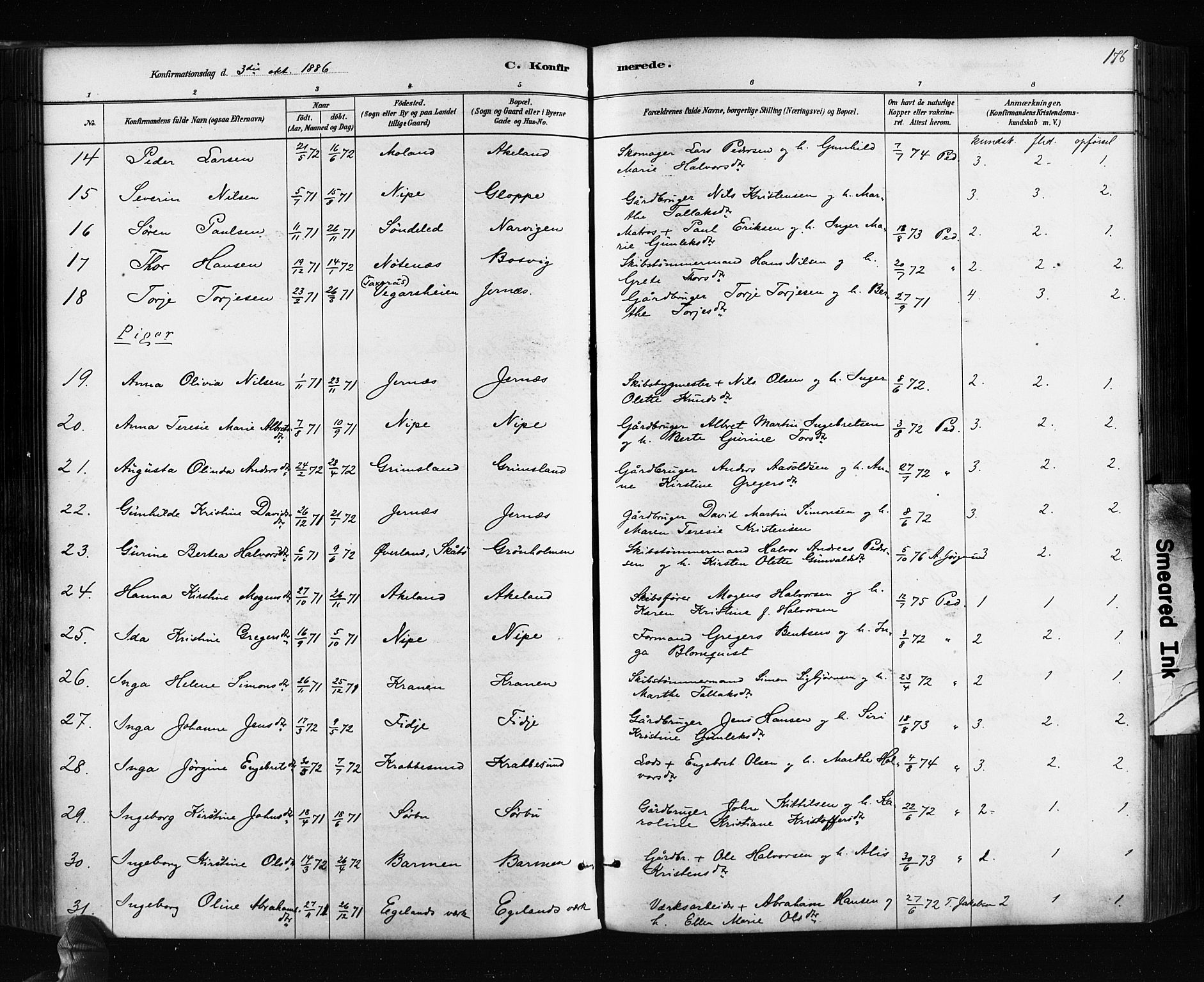 Søndeled sokneprestkontor, AV/SAK-1111-0038/F/Fa/L0004: Parish register (official) no. A 4, 1880-1889, p. 176