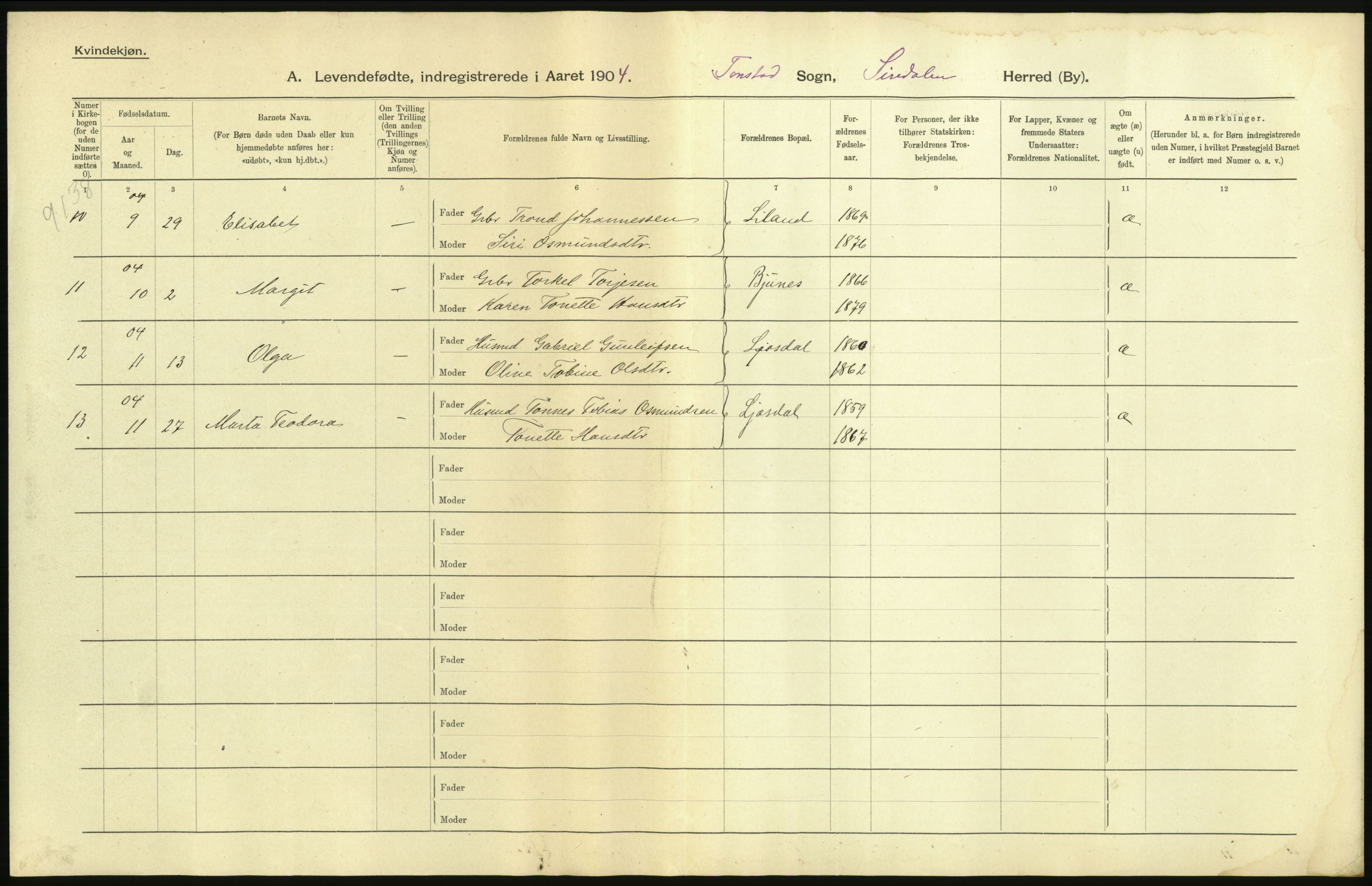 Statistisk sentralbyrå, Sosiodemografiske emner, Befolkning, AV/RA-S-2228/D/Df/Dfa/Dfab/L0011: Lister og Mandals amt: Fødte, gifte, døde, 1904, p. 7