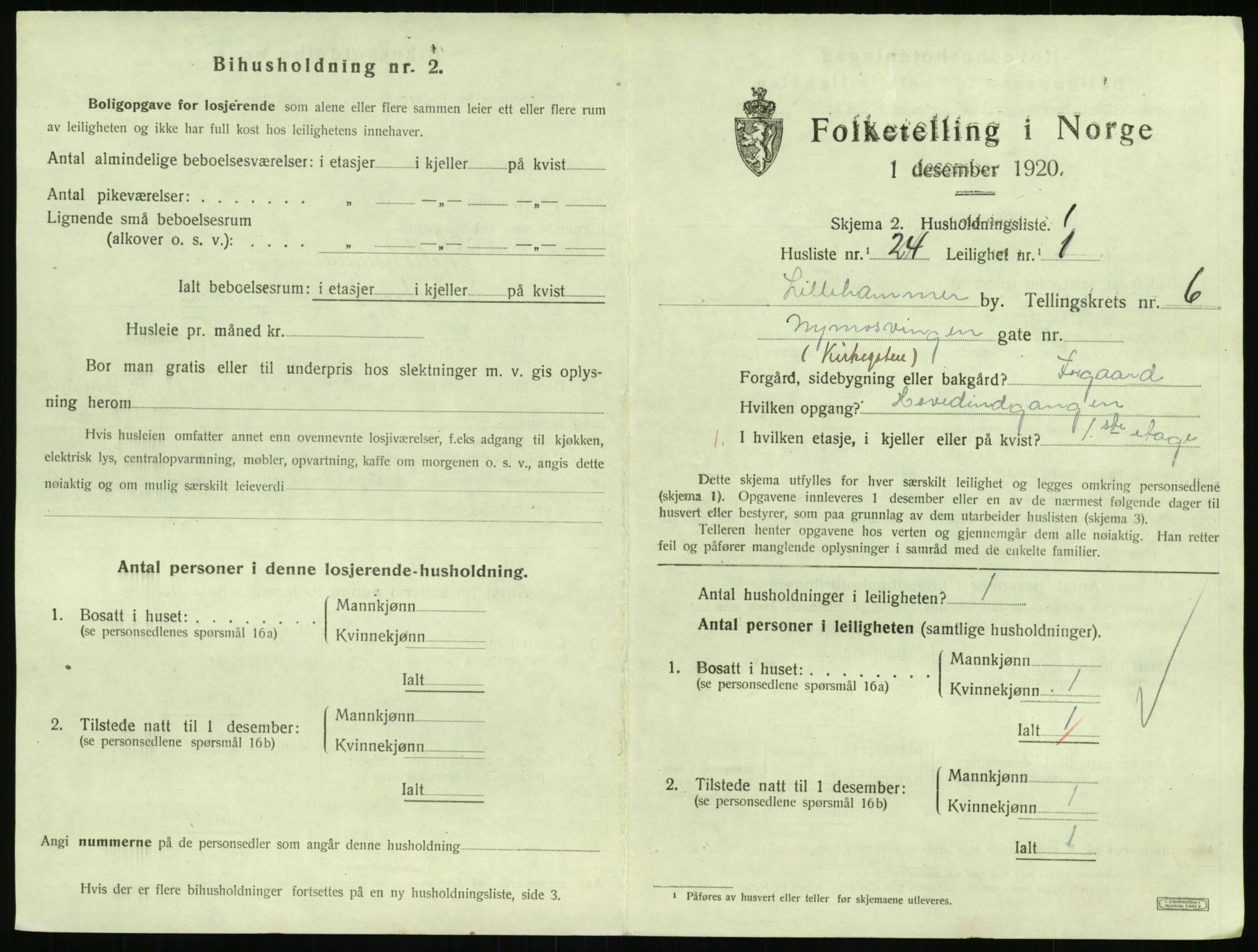 SAH, 1920 census for Lillehammer, 1920, p. 2416