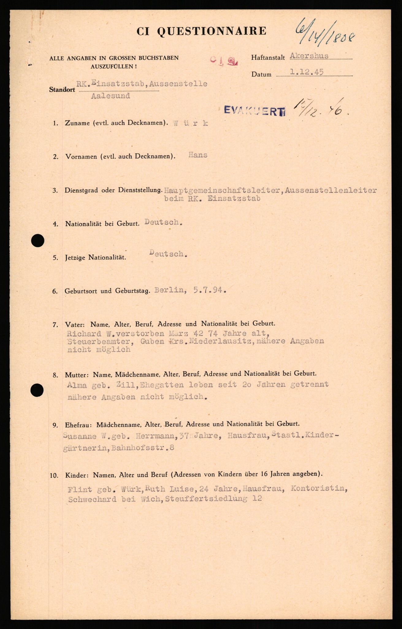 Forsvaret, Forsvarets overkommando II, AV/RA-RAFA-3915/D/Db/L0036: CI Questionaires. Tyske okkupasjonsstyrker i Norge. Tyskere., 1945-1946, p. 499