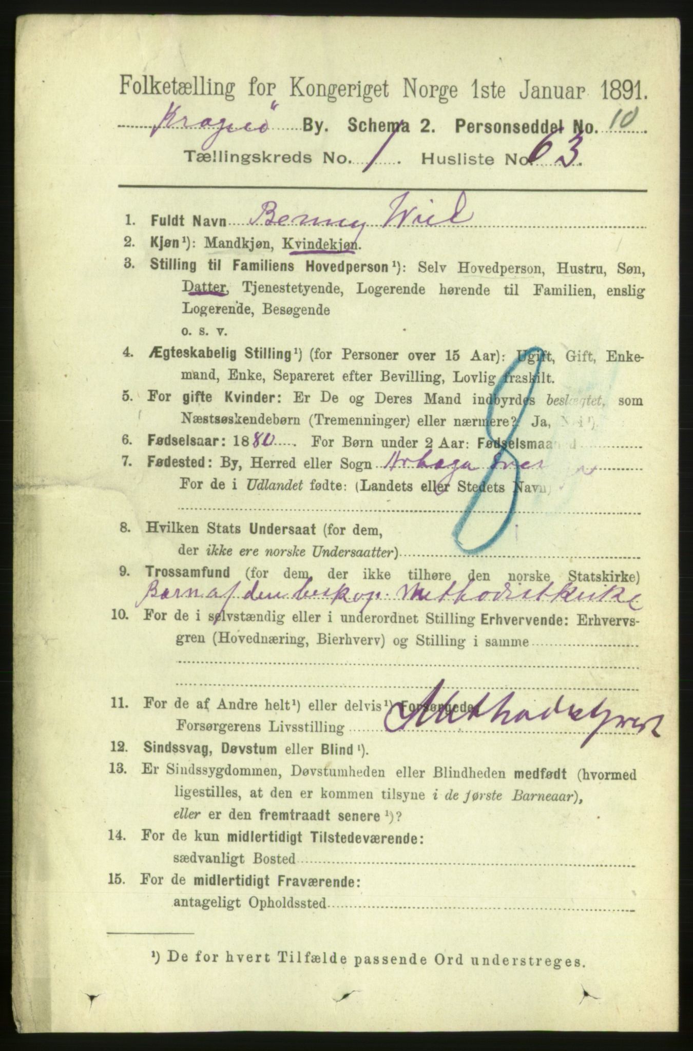 RA, 1891 census for 0801 Kragerø, 1891, p. 2210