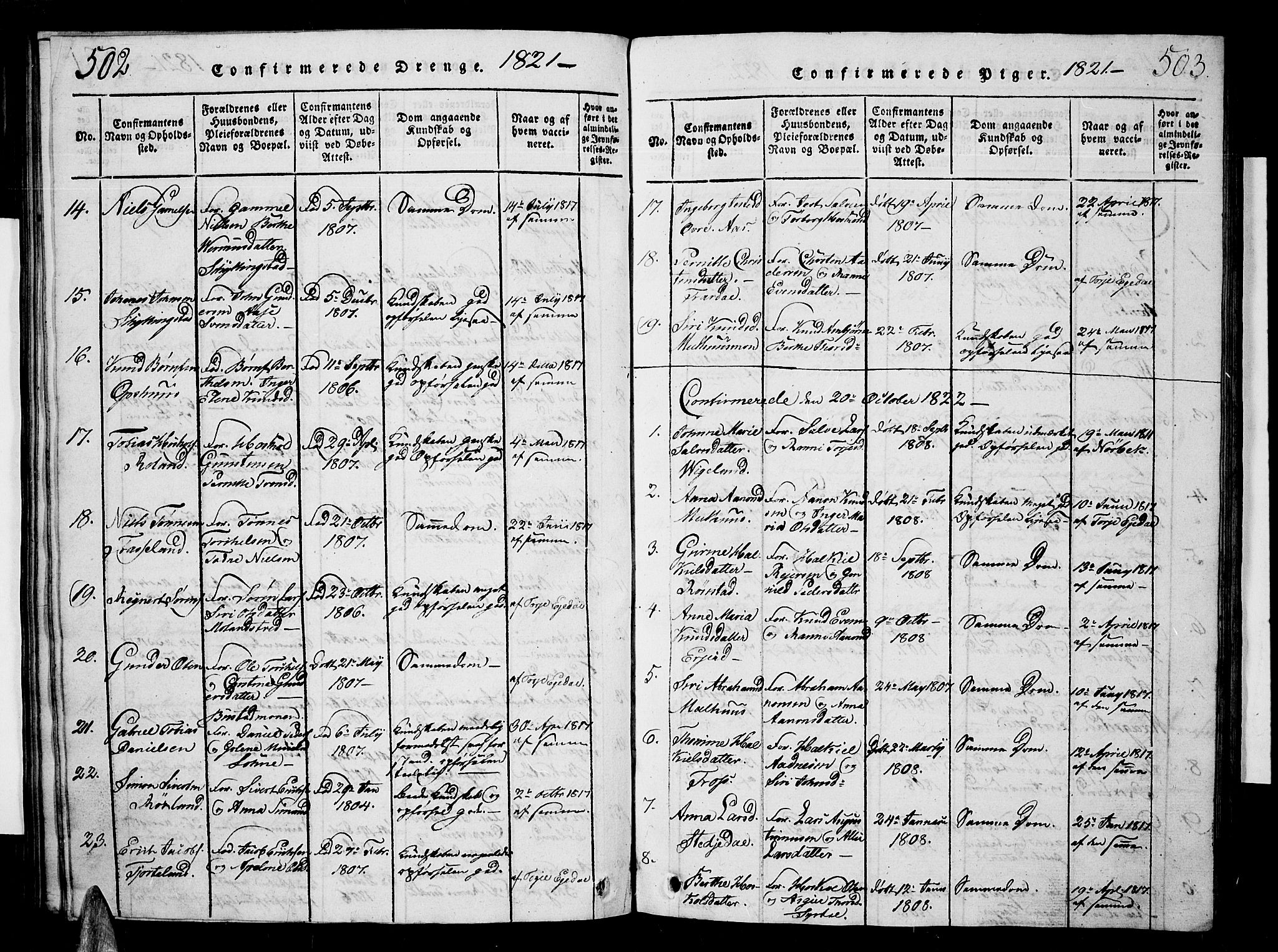 Sør-Audnedal sokneprestkontor, AV/SAK-1111-0039/F/Fb/Fbb/L0001: Parish register (copy) no. B 1, 1815-1827, p. 502-503