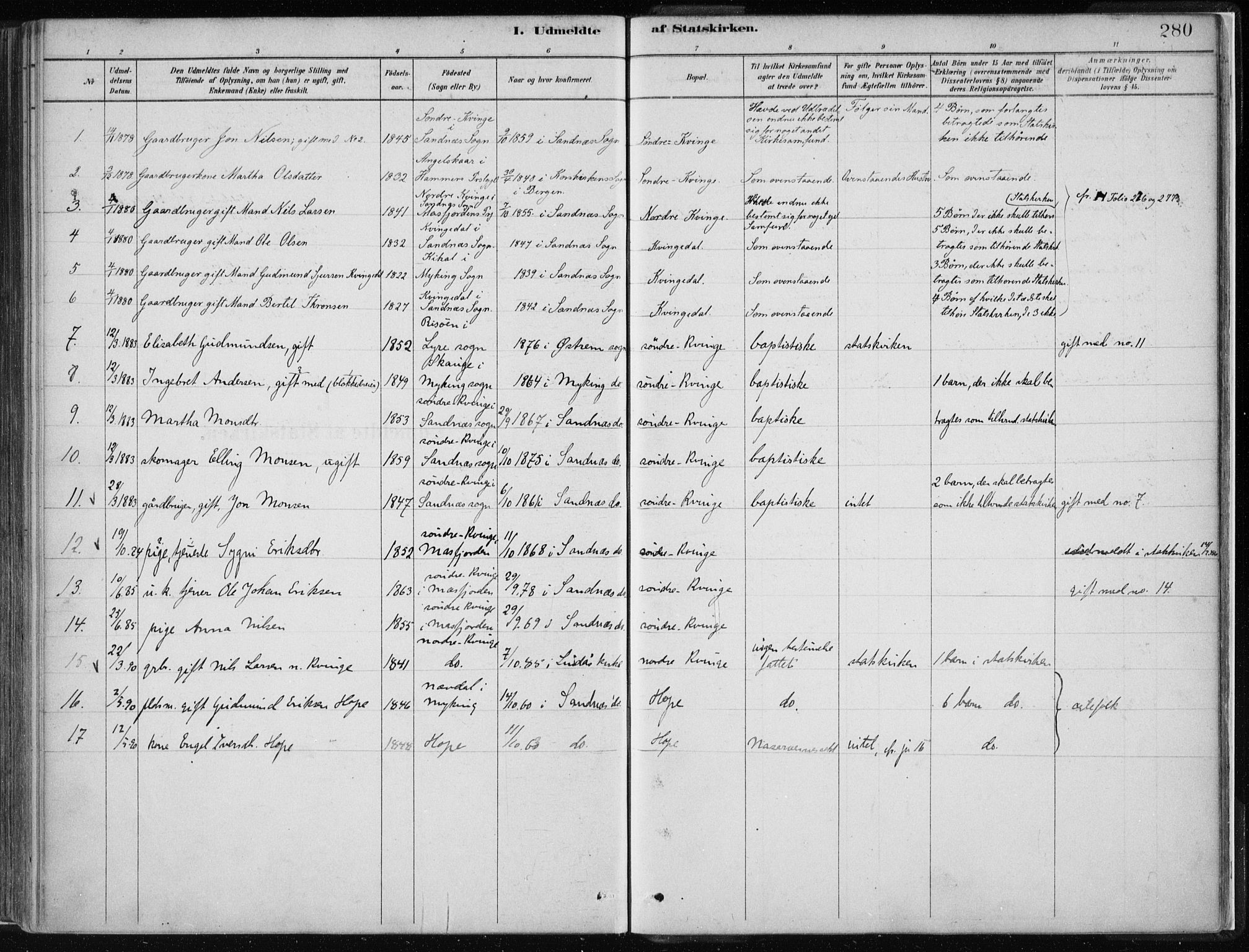 Masfjorden Sokneprestembete, SAB/A-77001: Parish register (official) no. B  1, 1876-1899, p. 280
