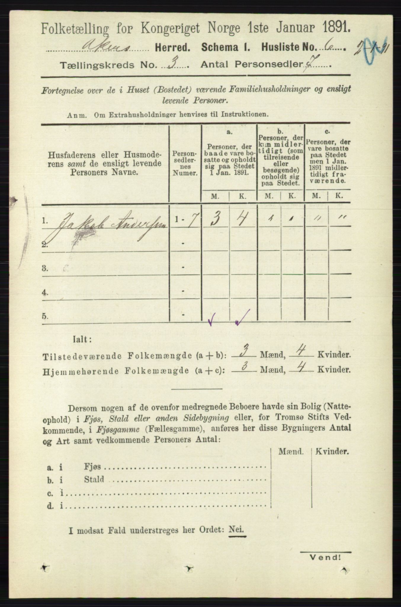 RA, 1891 census for 0218 Aker, 1891, p. 2834