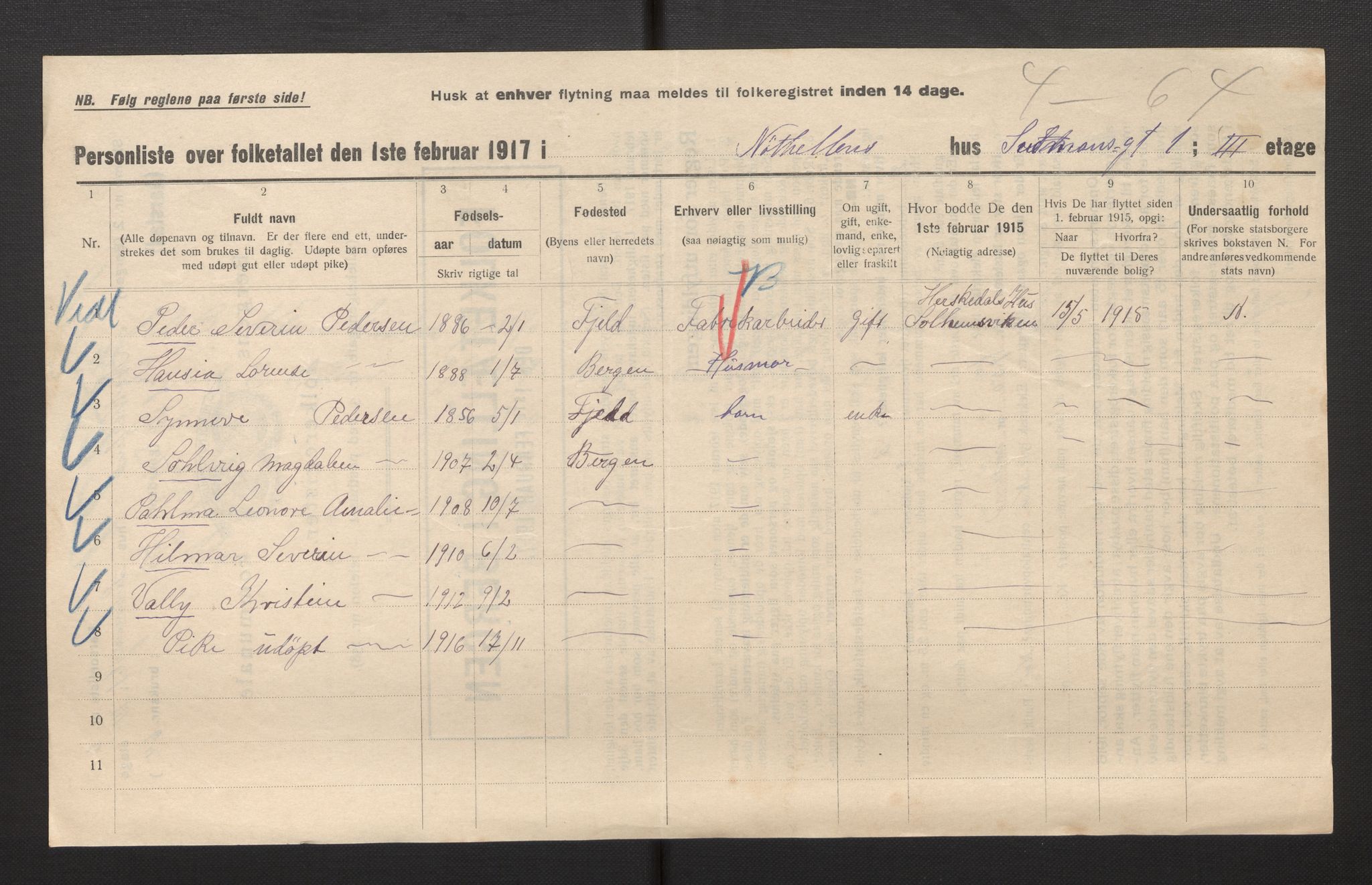 SAB, Municipal Census 1917 for Bergen, 1917, p. 47510