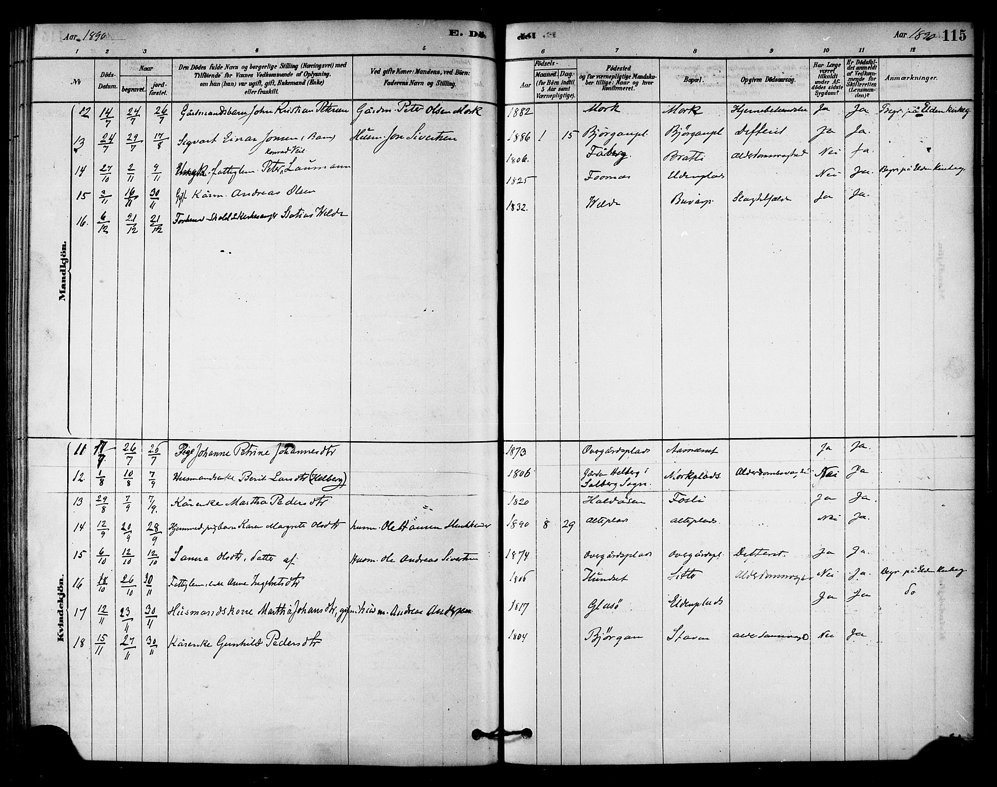 Ministerialprotokoller, klokkerbøker og fødselsregistre - Nord-Trøndelag, AV/SAT-A-1458/742/L0408: Parish register (official) no. 742A01, 1878-1890, p. 115