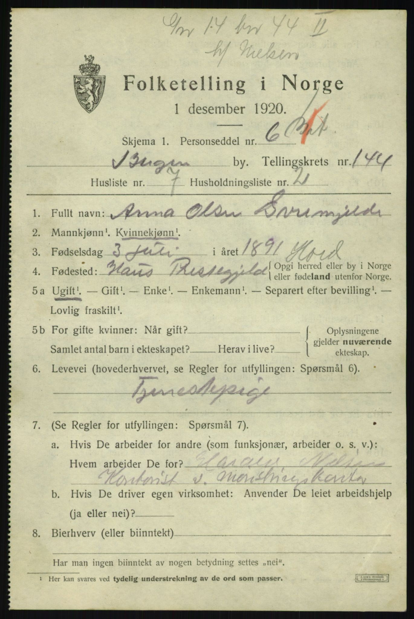 SAB, 1920 census for Bergen, 1920, p. 240836