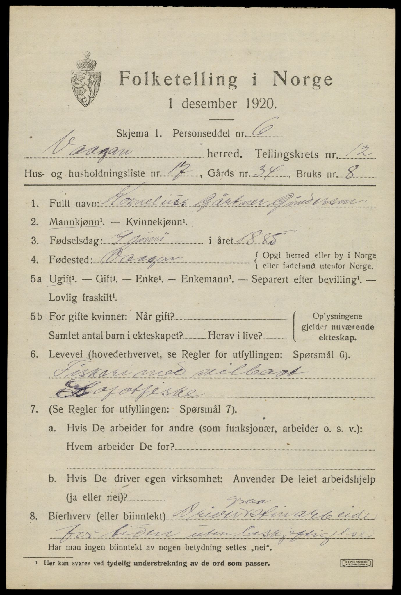 SAT, 1920 census for Vågan, 1920, p. 10191