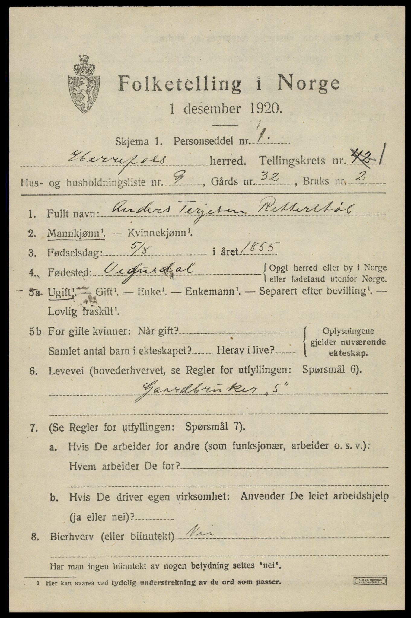 SAK, 1920 census for Herefoss, 1920, p. 314