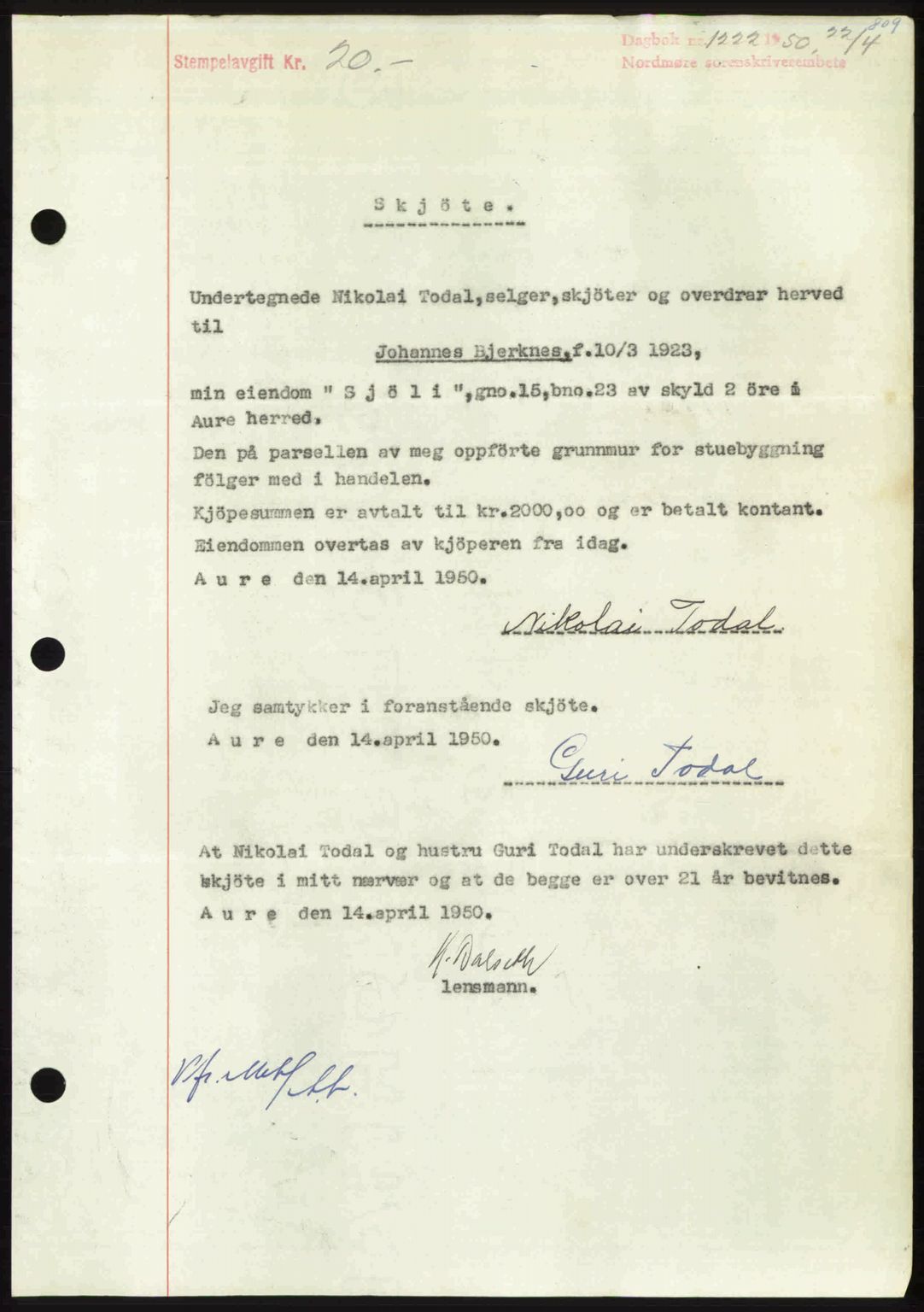 Nordmøre sorenskriveri, AV/SAT-A-4132/1/2/2Ca: Mortgage book no. A114, 1950-1950, Diary no: : 1222/1950