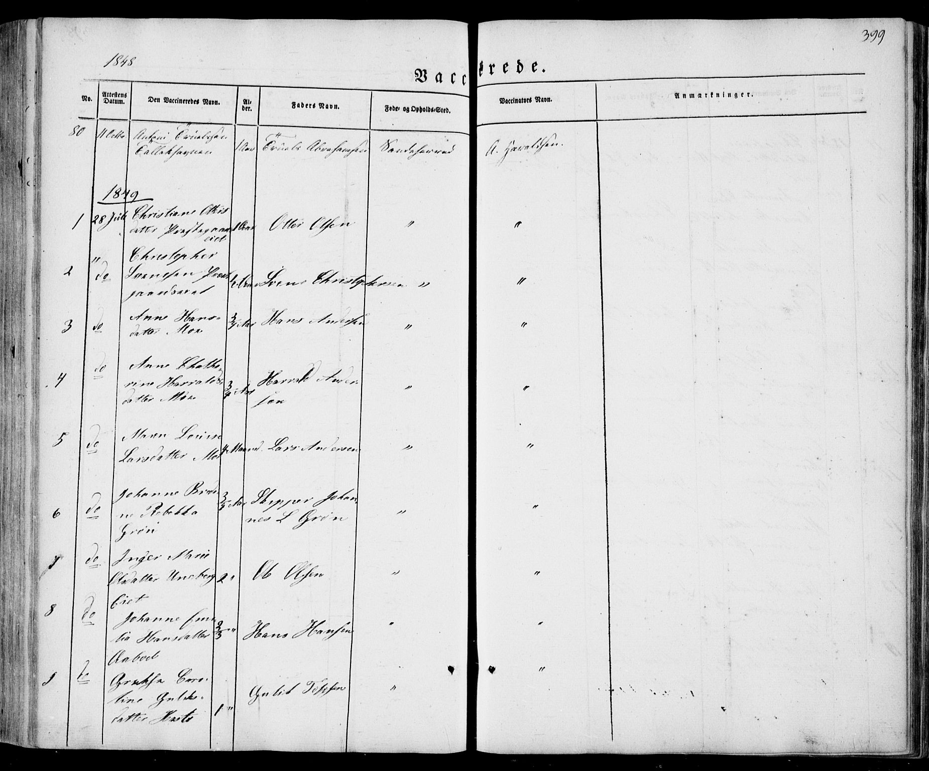 Sandar kirkebøker, SAKO/A-243/F/Fa/L0006: Parish register (official) no. 6, 1847-1860, p. 399