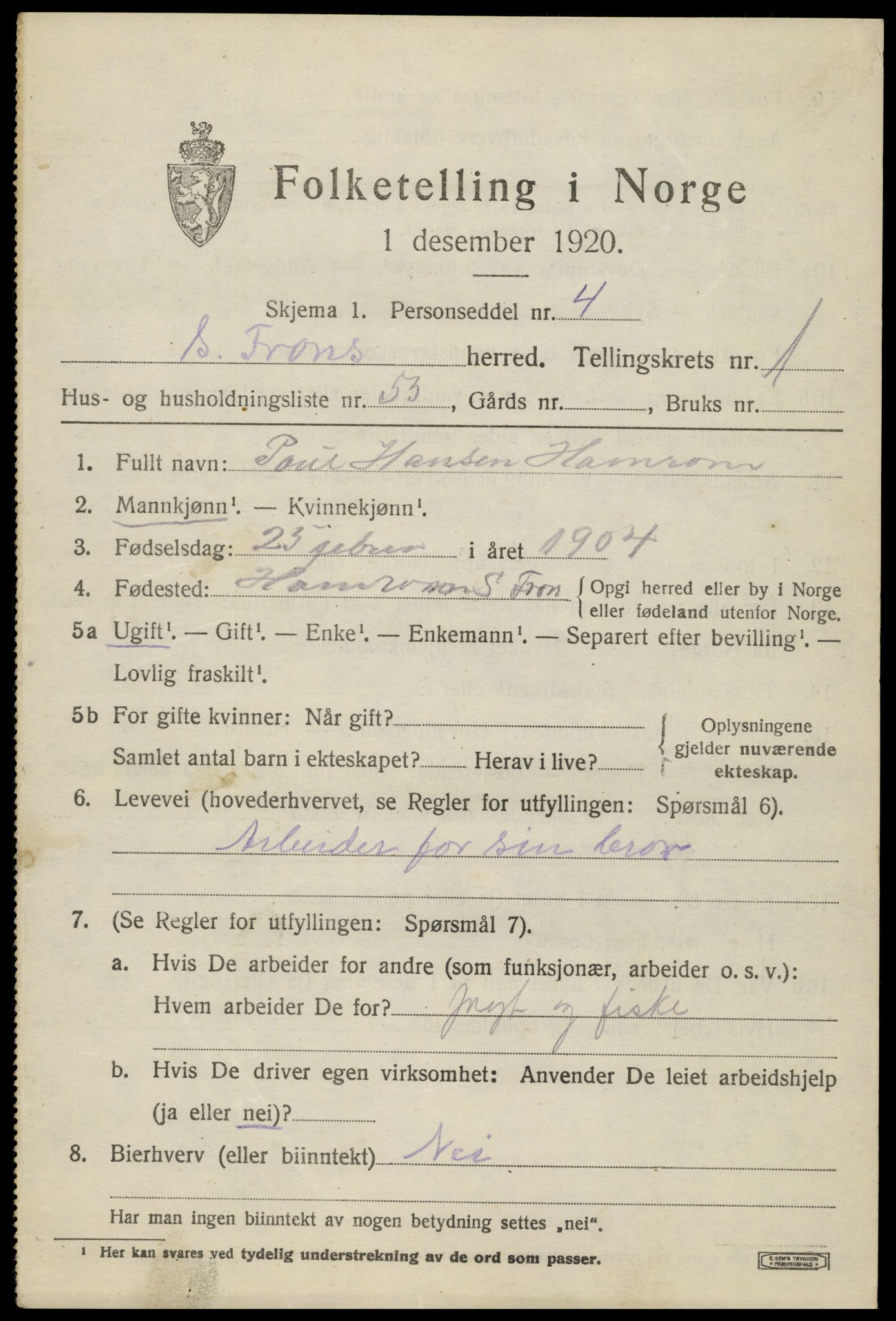 SAH, 1920 census for Sør-Fron, 1920, p. 1897