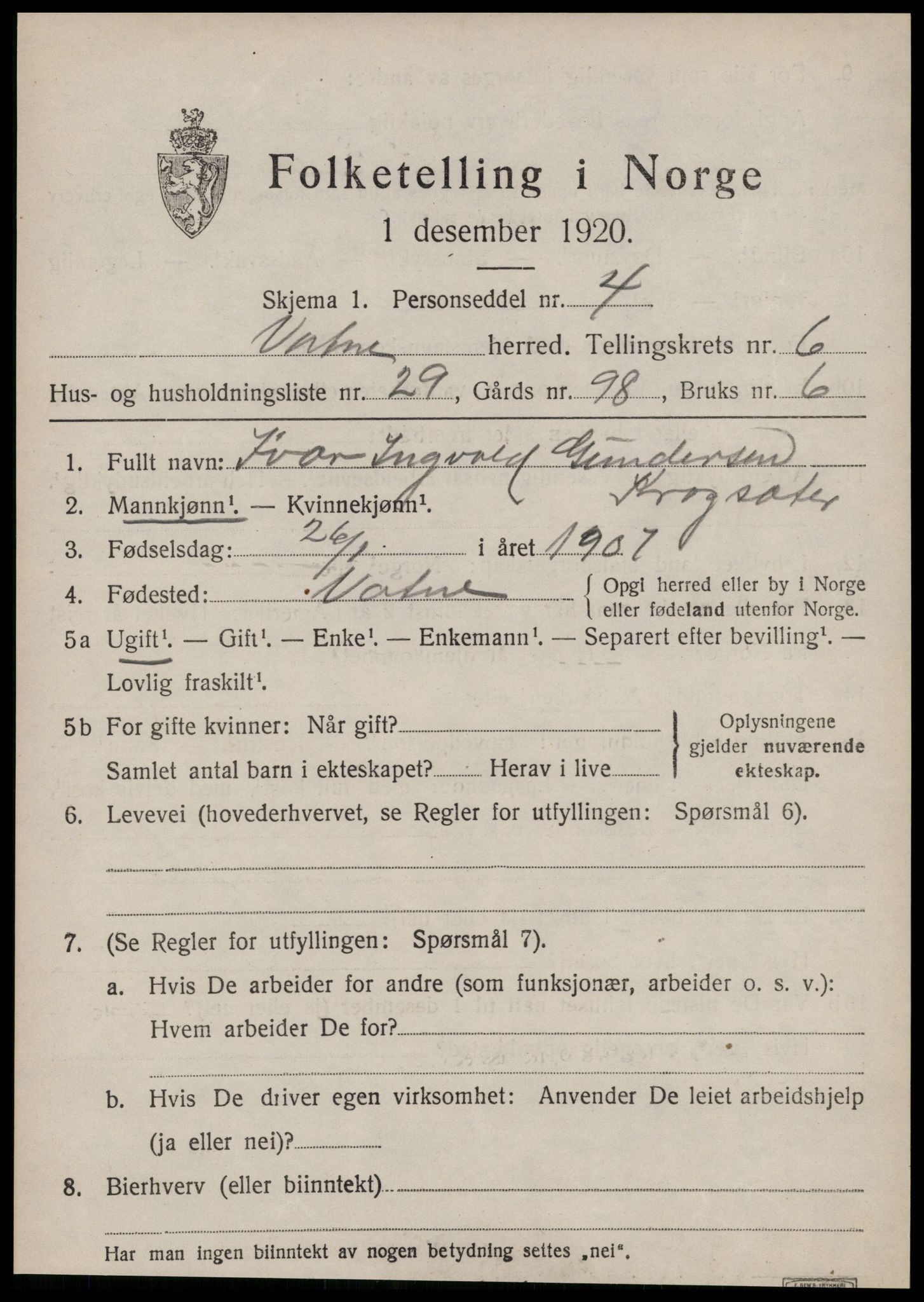 SAT, 1920 census for Vatne, 1920, p. 3102