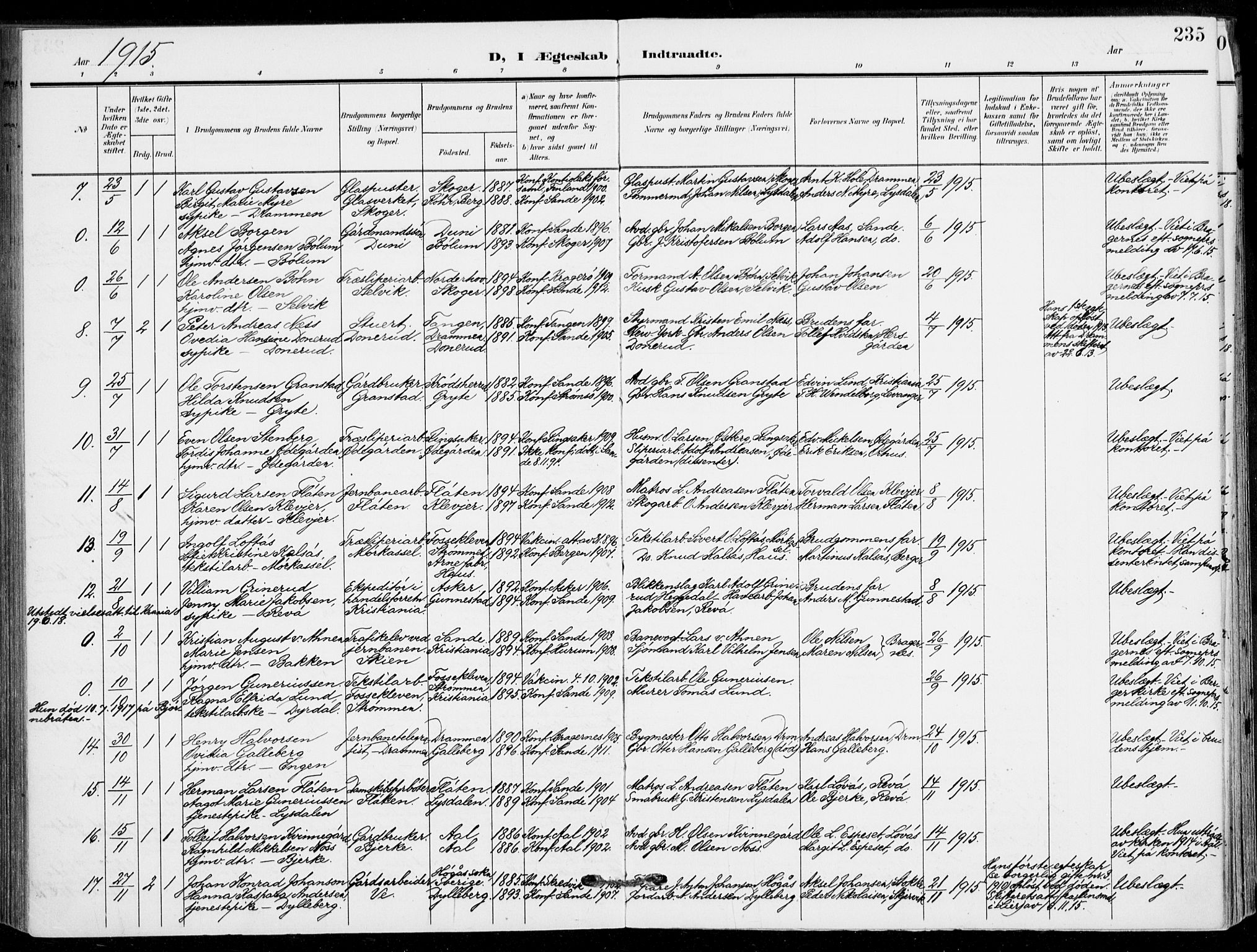 Sande Kirkebøker, AV/SAKO-A-53/F/Fa/L0008: Parish register (official) no. 8, 1904-1921, p. 235