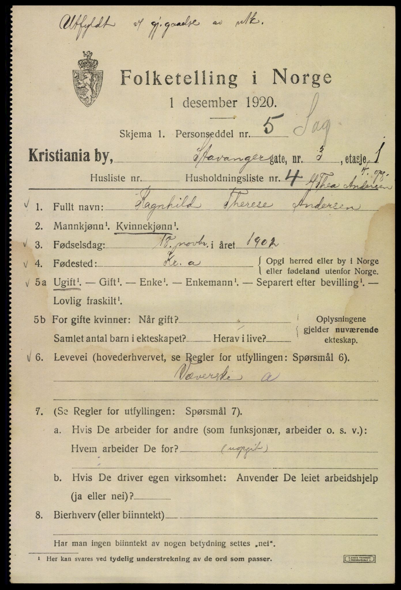 SAO, 1920 census for Kristiania, 1920, p. 536415
