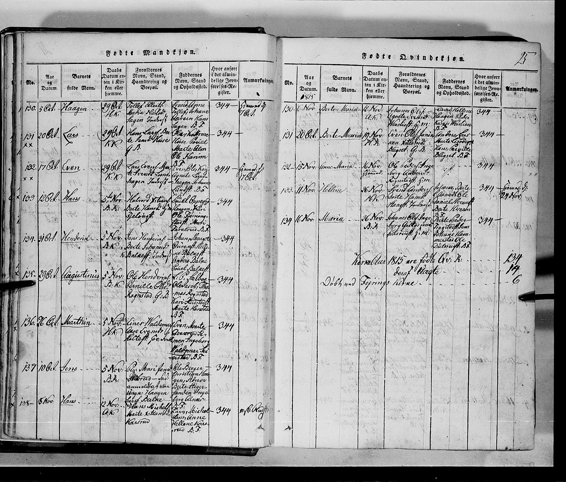 Toten prestekontor, SAH/PREST-102/H/Ha/Hab/L0001: Parish register (copy) no. 1, 1814-1820, p. 25