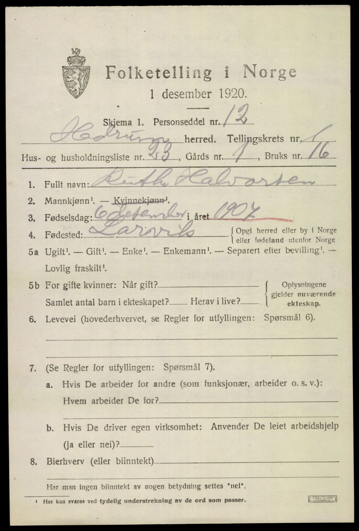 SAKO, 1920 census for Hedrum, 1920, p. 2317