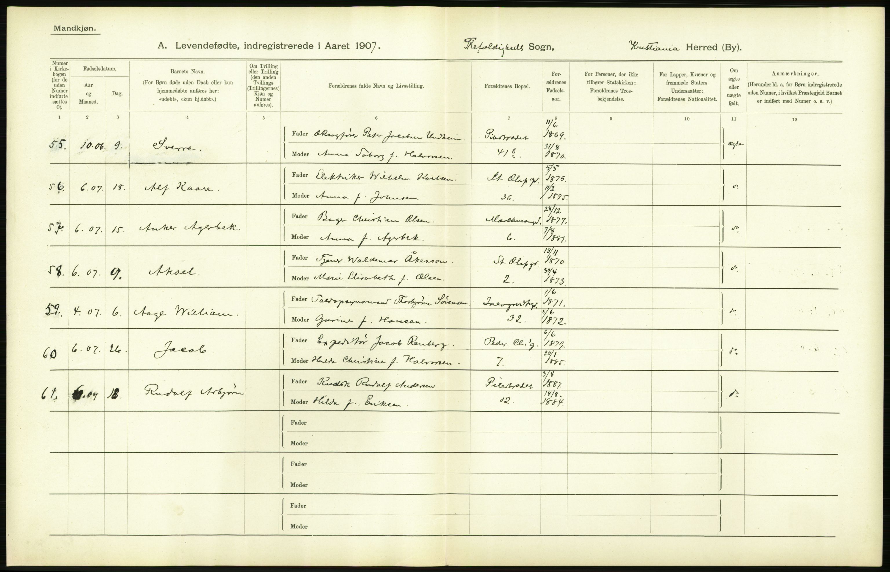 Statistisk sentralbyrå, Sosiodemografiske emner, Befolkning, AV/RA-S-2228/D/Df/Dfa/Dfae/L0006: Kristiania: Levendefødte menn og kvinner., 1907, p. 338