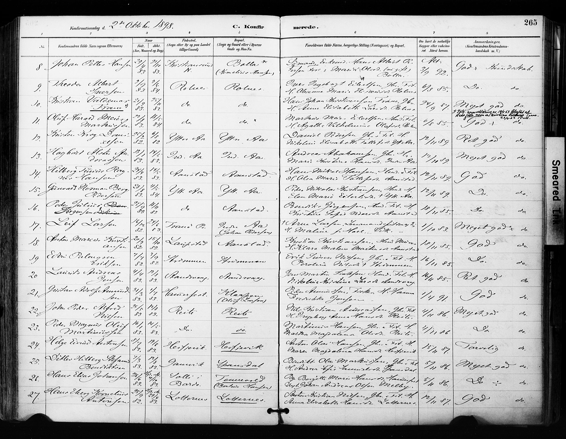 Ibestad sokneprestembete, SATØ/S-0077/H/Ha/Haa/L0012kirke: Parish register (official) no. 12, 1890-1900, p. 265