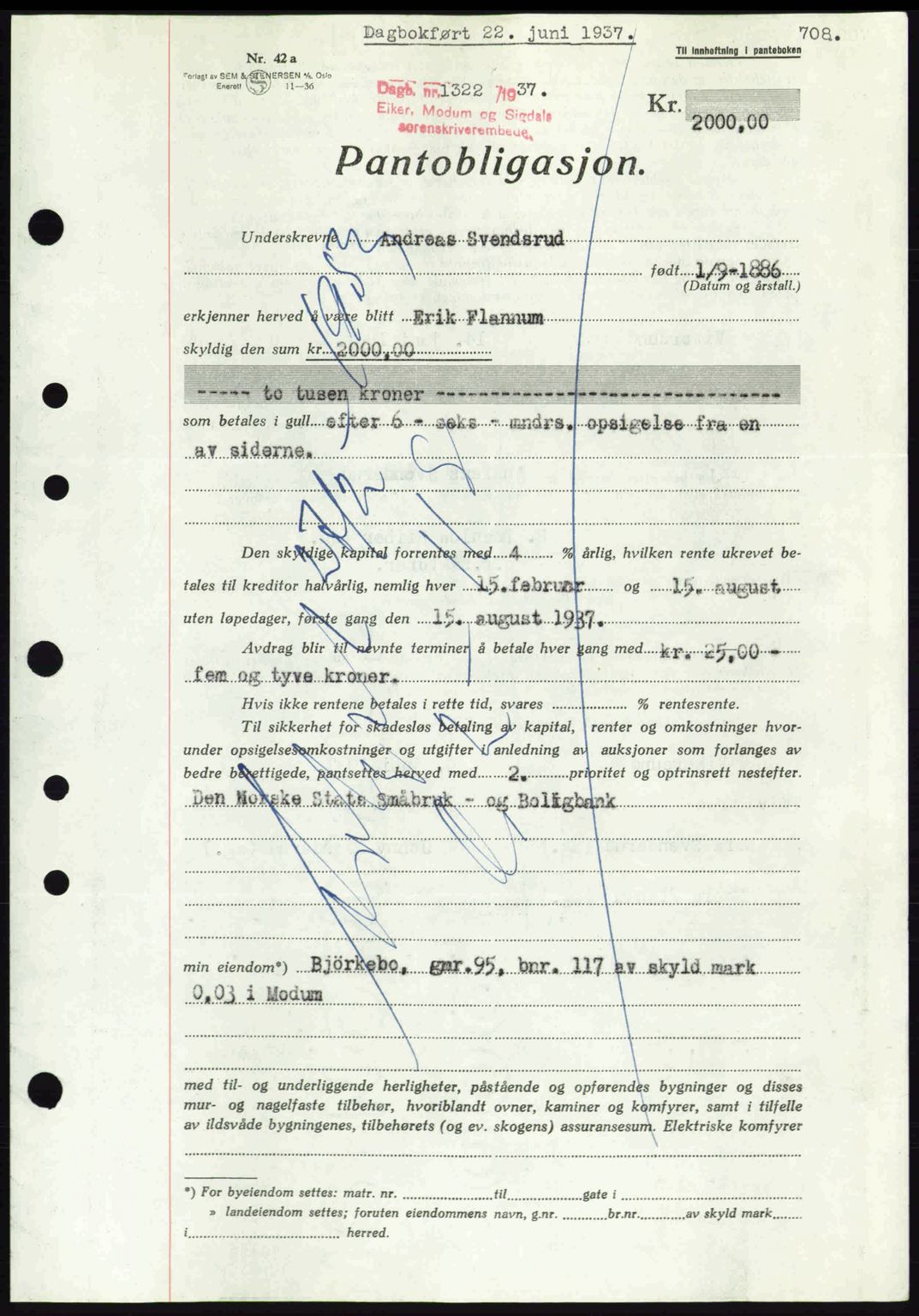 Eiker, Modum og Sigdal sorenskriveri, SAKO/A-123/G/Ga/Gab/L0035: Mortgage book no. A5, 1937-1937, Diary no: : 1322/1937
