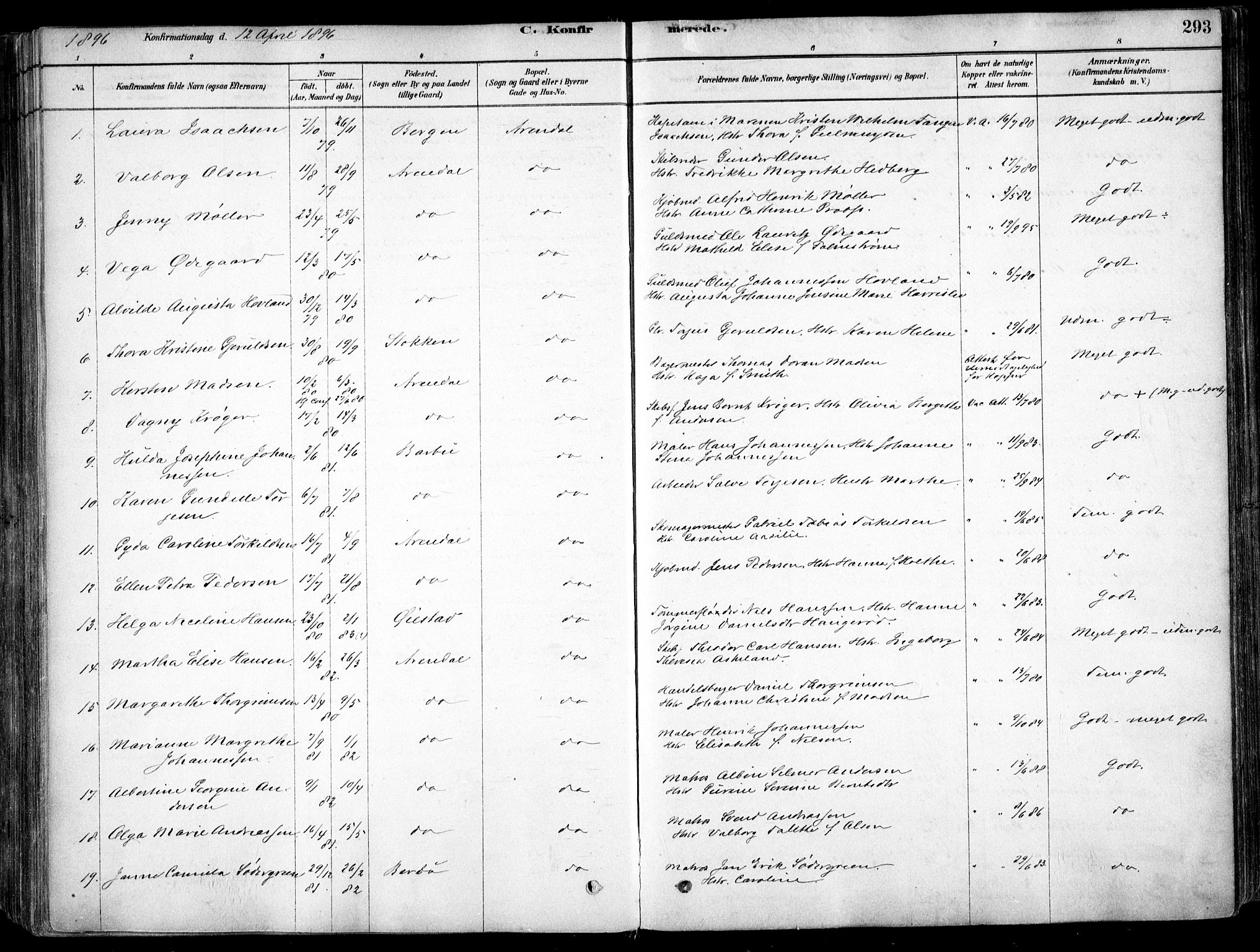 Arendal sokneprestkontor, Trefoldighet, AV/SAK-1111-0040/F/Fa/L0008: Parish register (official) no. A 8, 1878-1899, p. 293