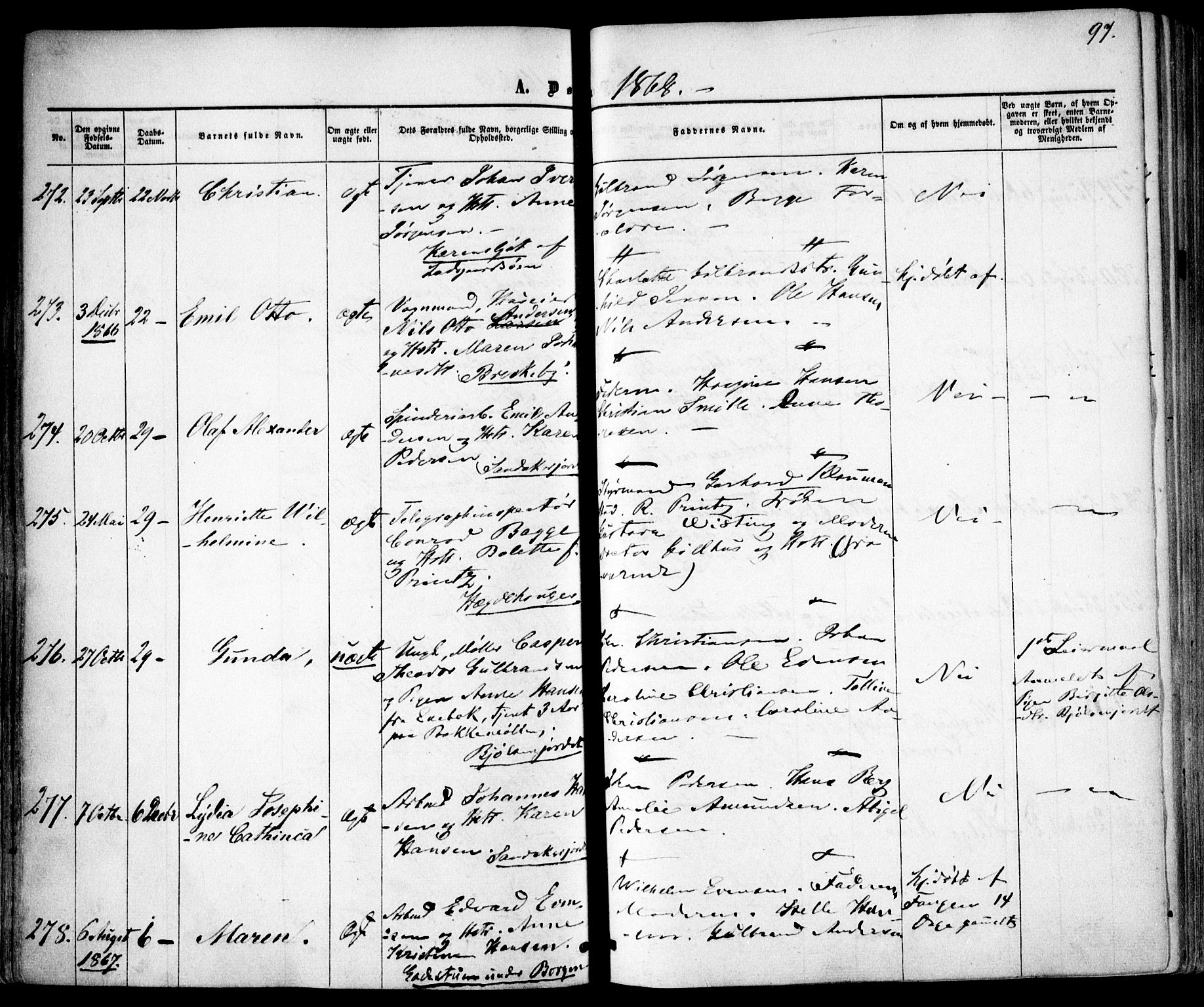 Vestre Aker prestekontor Kirkebøker, AV/SAO-A-10025/F/Fa/L0004: Parish register (official) no. 4, 1857-1877, p. 97