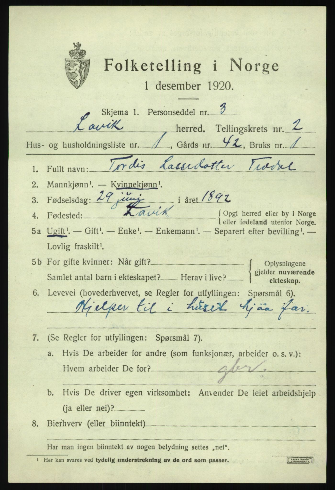 SAB, 1920 census for Lavik, 1920, p. 476