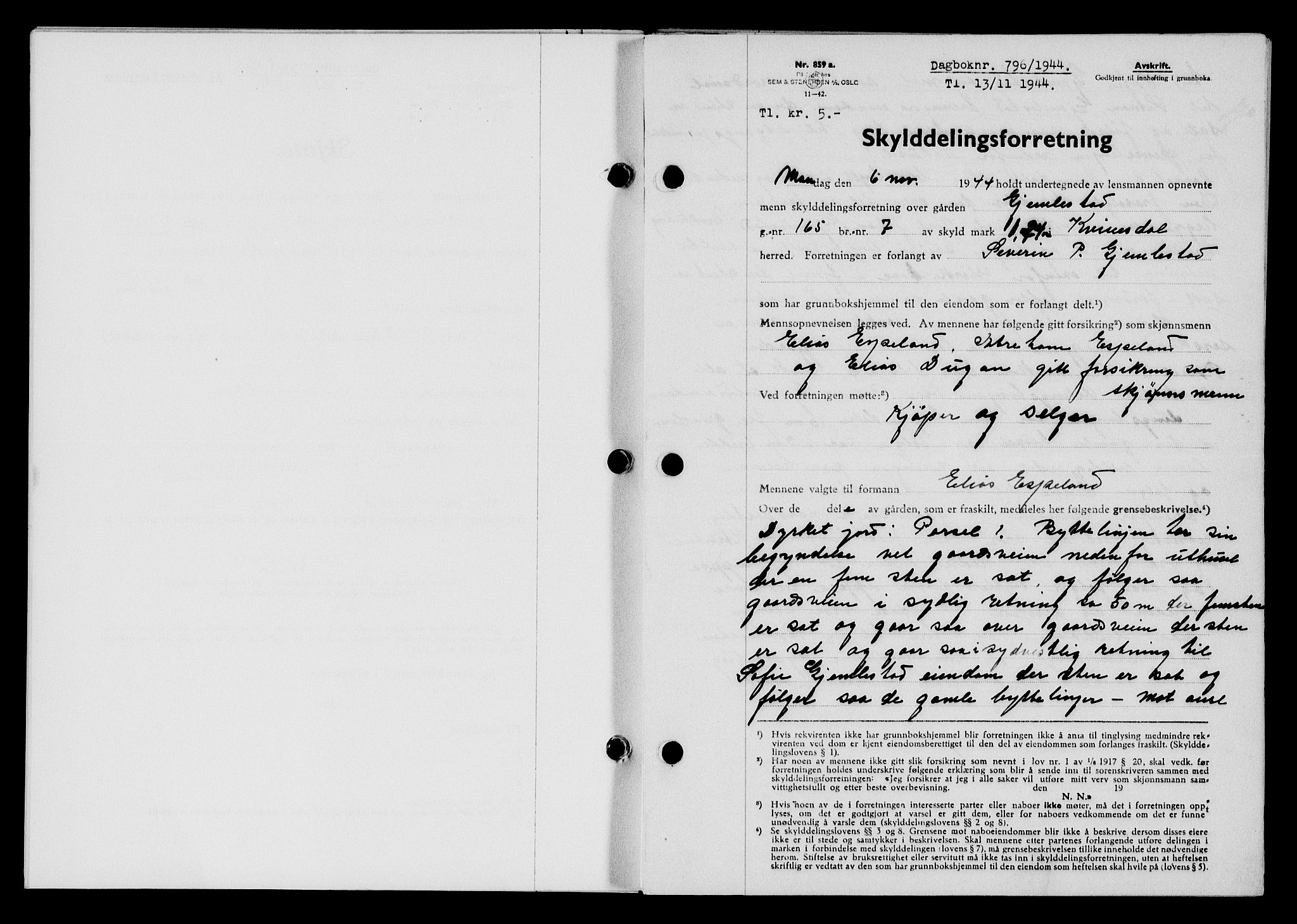 Flekkefjord sorenskriveri, SAK/1221-0001/G/Gb/Gba/L0059: Mortgage book no. A-7, 1944-1945, Diary no: : 796/1944