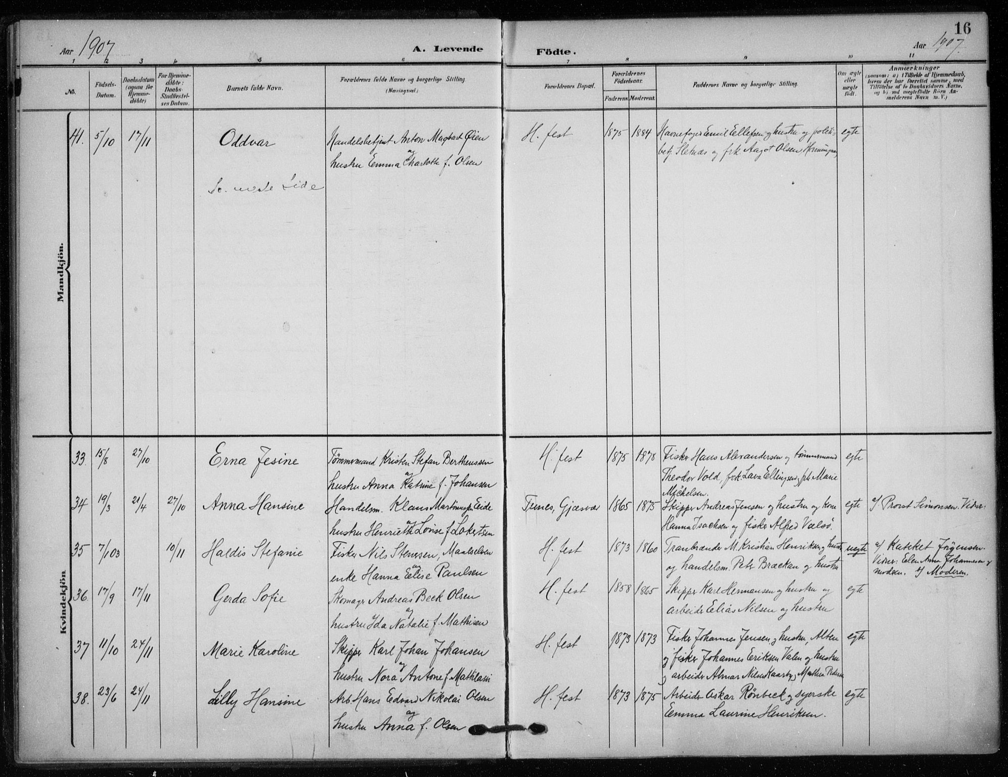 Hammerfest sokneprestkontor, SATØ/S-1347/H/Ha/L0014.kirke: Parish register (official) no. 14, 1906-1916, p. 16