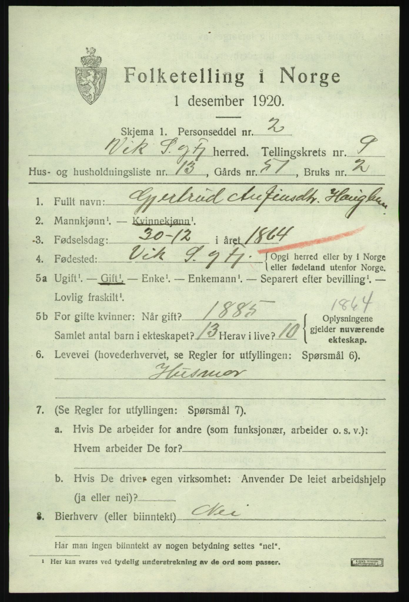 SAB, 1920 census for Vik, 1920, p. 5673