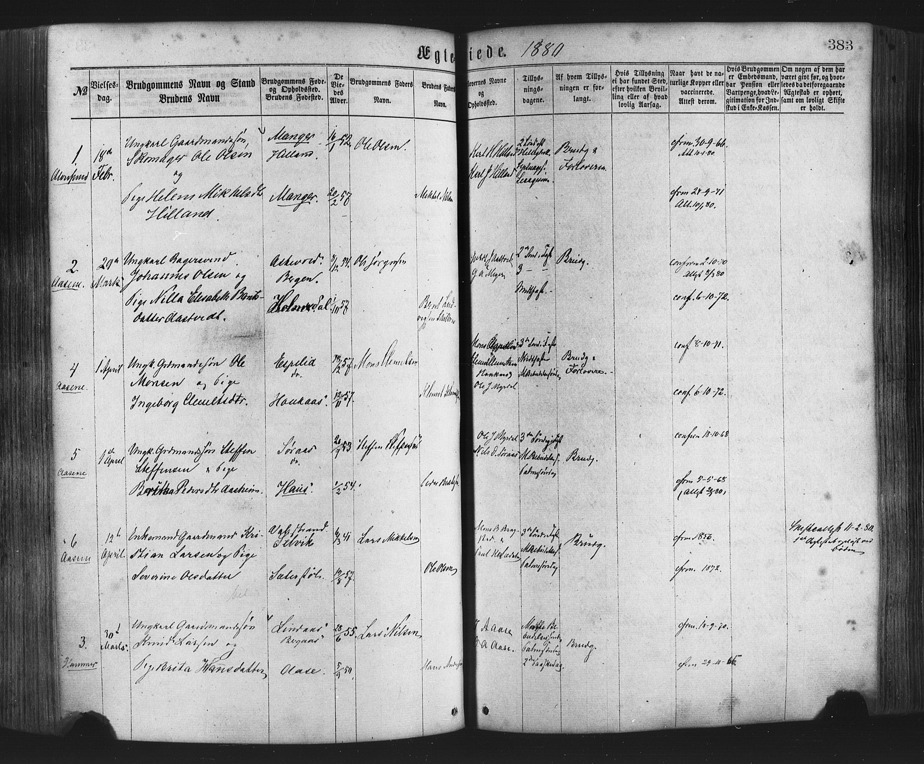 Hamre sokneprestembete, SAB/A-75501/H/Ha/Haa/Haaa/L0015: Parish register (official) no. A 15, 1870-1881, p. 383