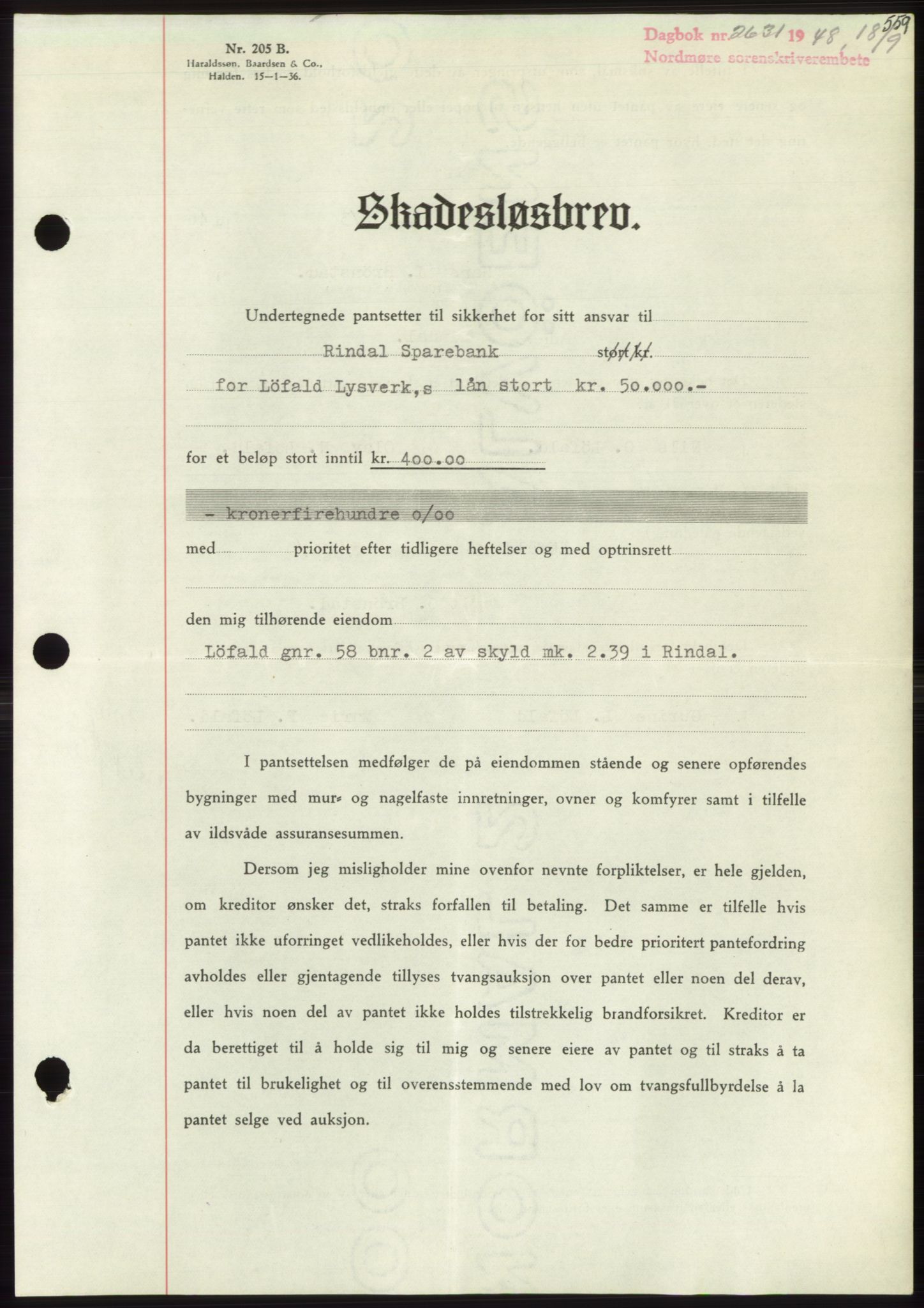 Nordmøre sorenskriveri, AV/SAT-A-4132/1/2/2Ca: Mortgage book no. B99, 1948-1948, Diary no: : 2631/1948