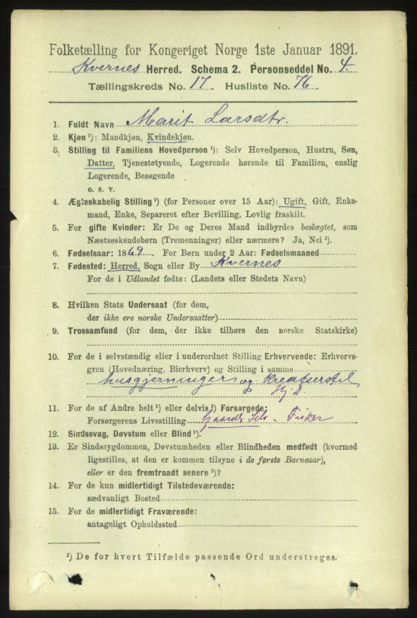 RA, 1891 census for 1553 Kvernes, 1891, p. 7651