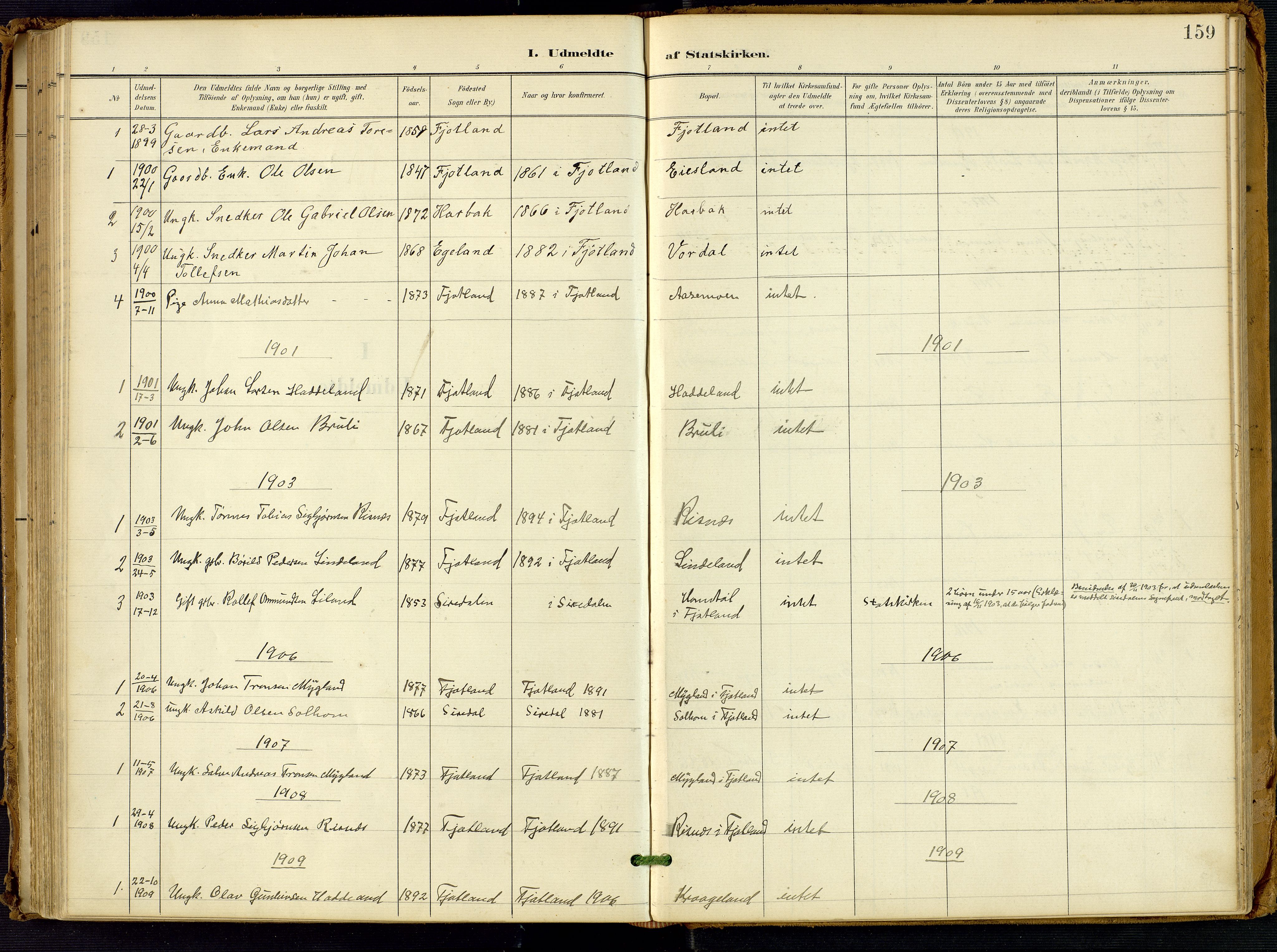 Fjotland sokneprestkontor, AV/SAK-1111-0010/F/Fa/L0003: Parish register (official) no. A 3, 1899-1917, p. 159