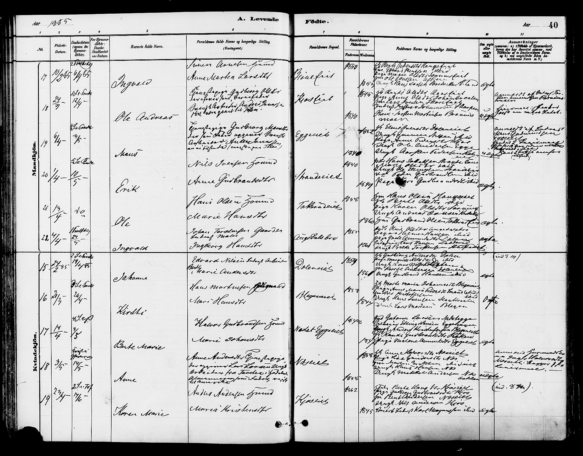 Gran prestekontor, AV/SAH-PREST-112/H/Ha/Haa/L0015: Parish register (official) no. 15, 1880-1888, p. 40