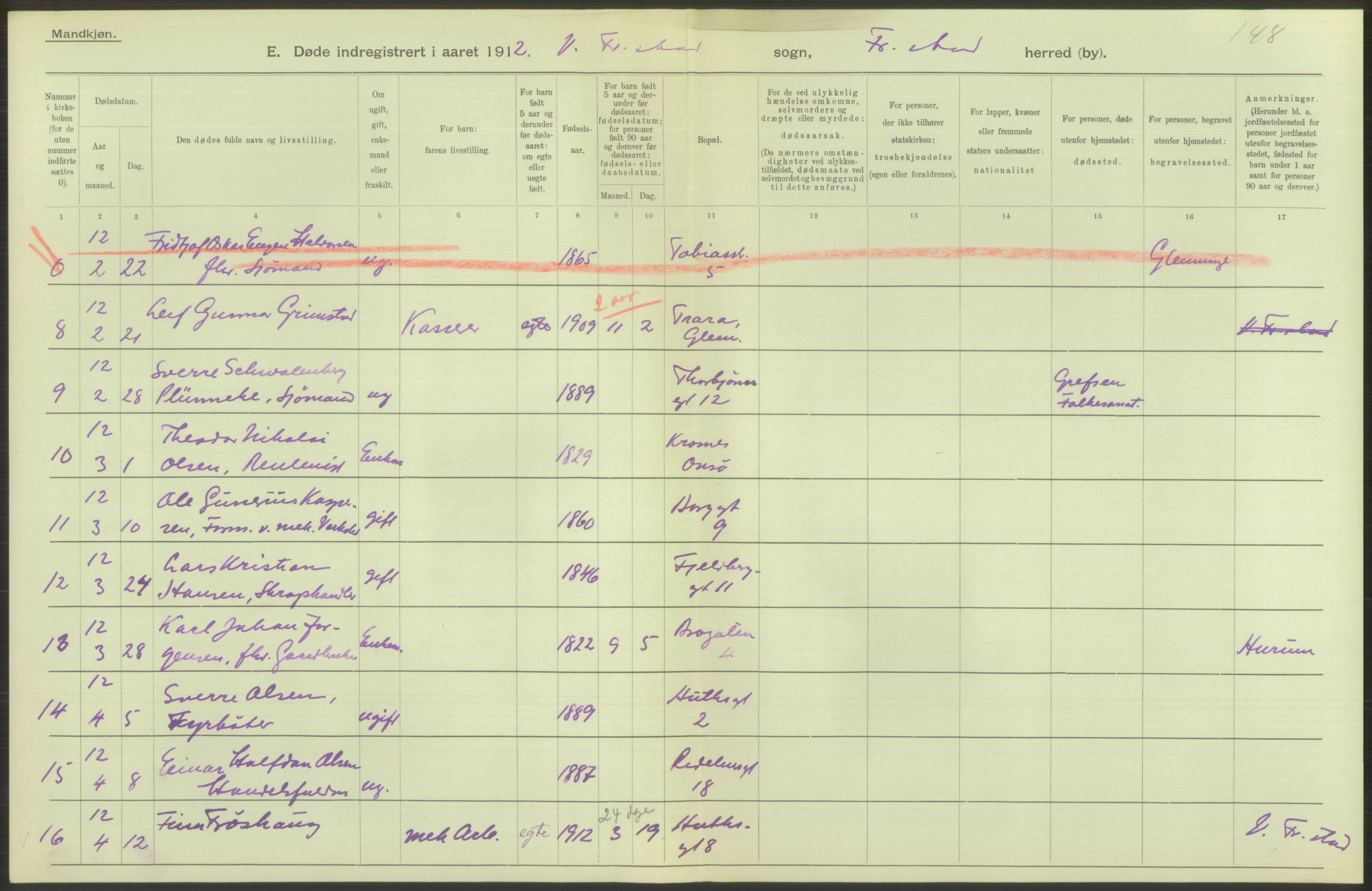 Statistisk sentralbyrå, Sosiodemografiske emner, Befolkning, AV/RA-S-2228/D/Df/Dfb/Dfbb/L0003: Smålenenes amt:  Døde. Bygder og byer., 1912, p. 38